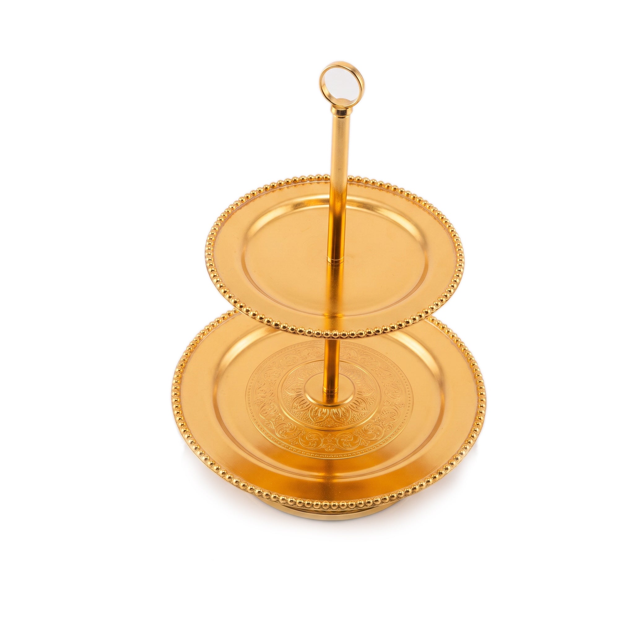 Fancy 2-Tier Metal Pastry Stand. Available in 2 colors: golden and silver