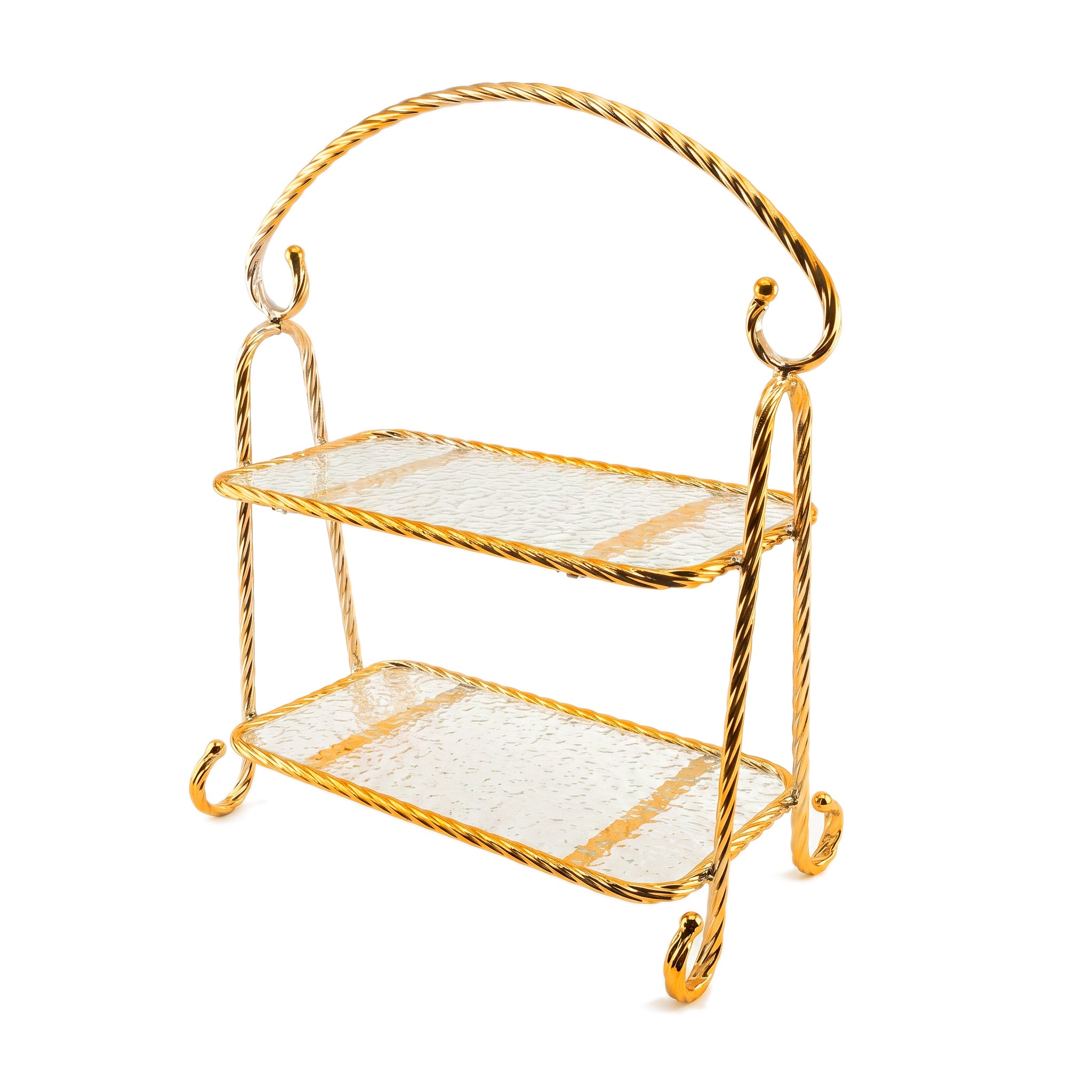 Fancy Metal Golden Rectangular 2-TIer Pastry Platter