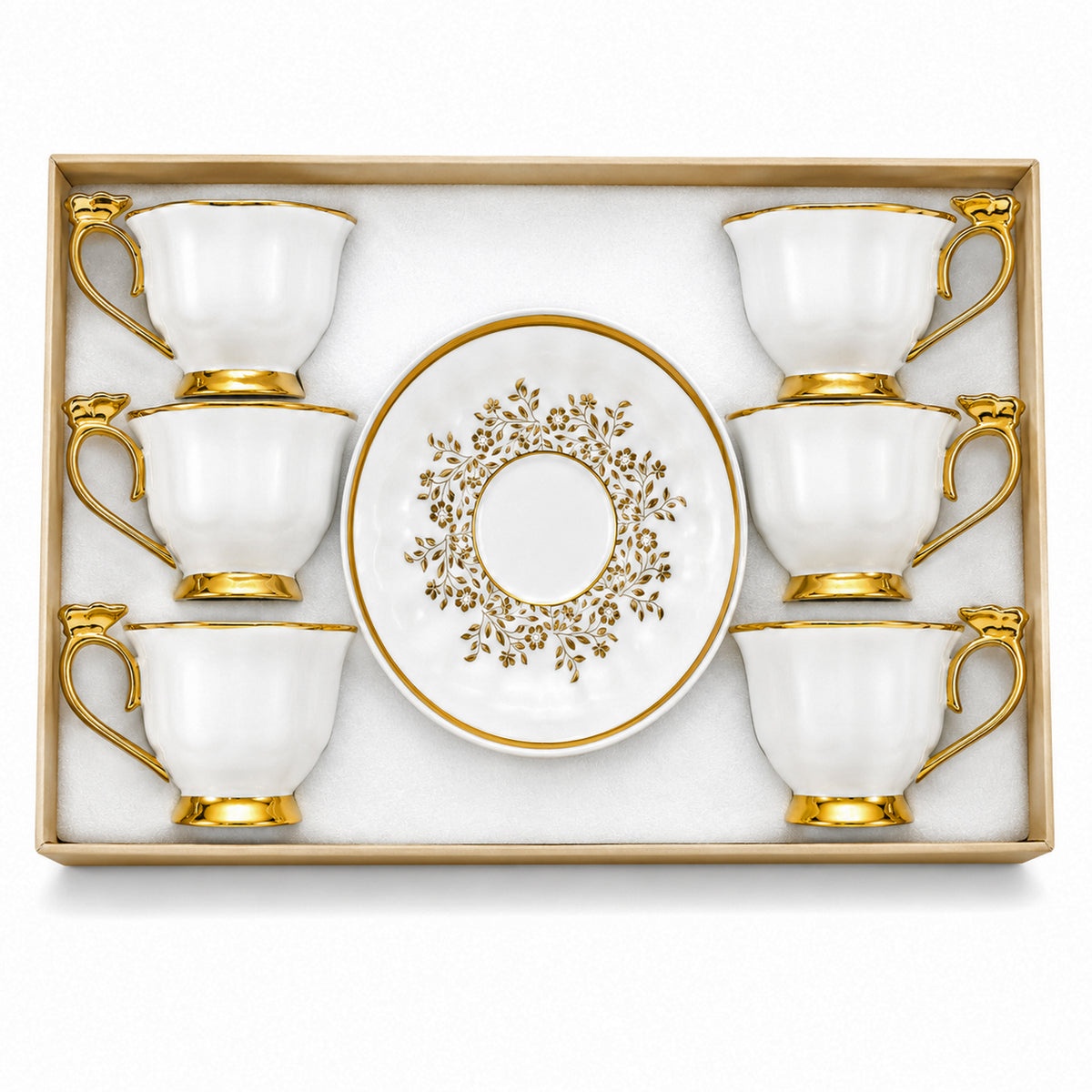 Royal 6-Piece Ceramic "Elegant Gold Bow" Cup And Saucer Set With Gift Box