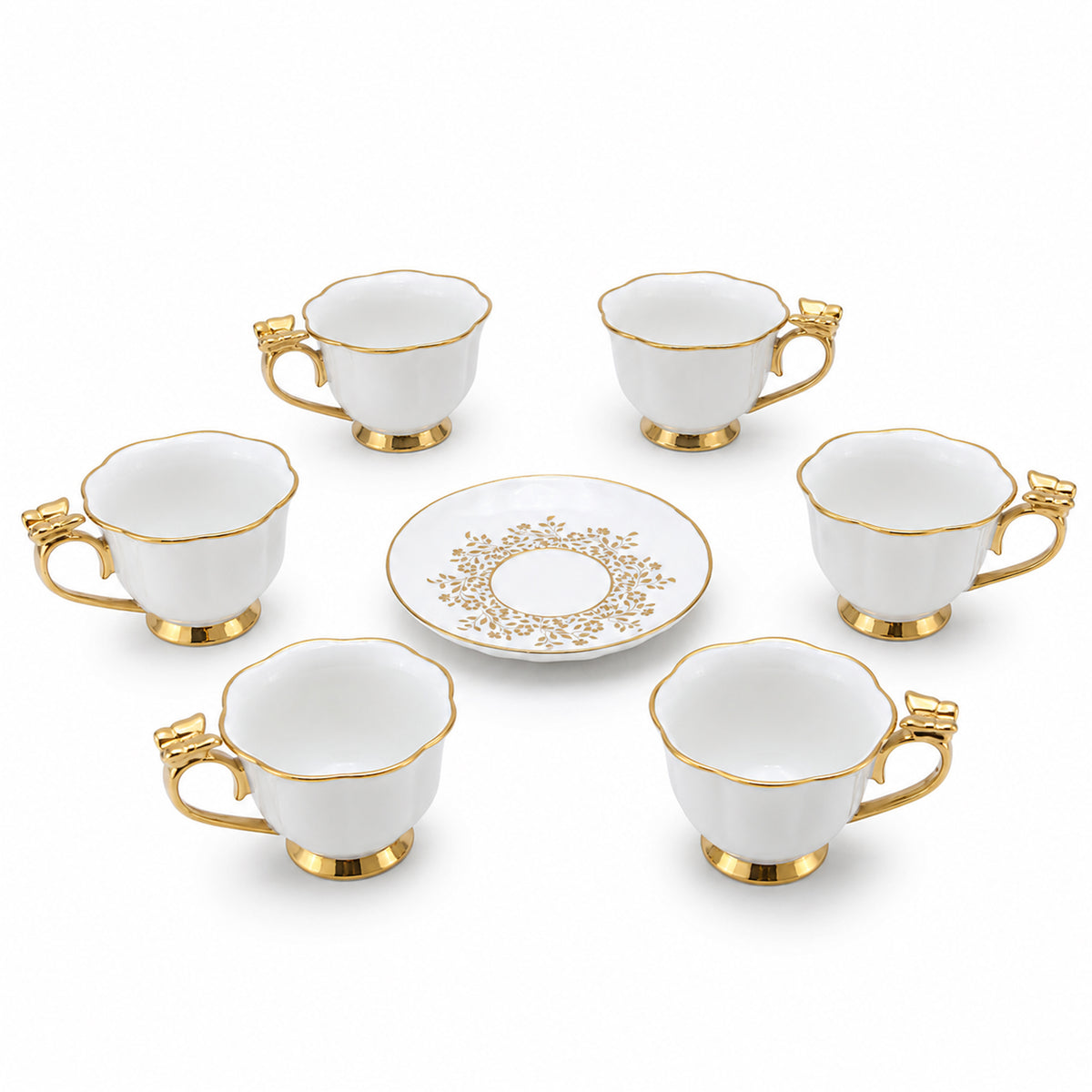 Royal 6-Piece Ceramic "Elegant Gold Bow" Cup And Saucer Set With Gift Box