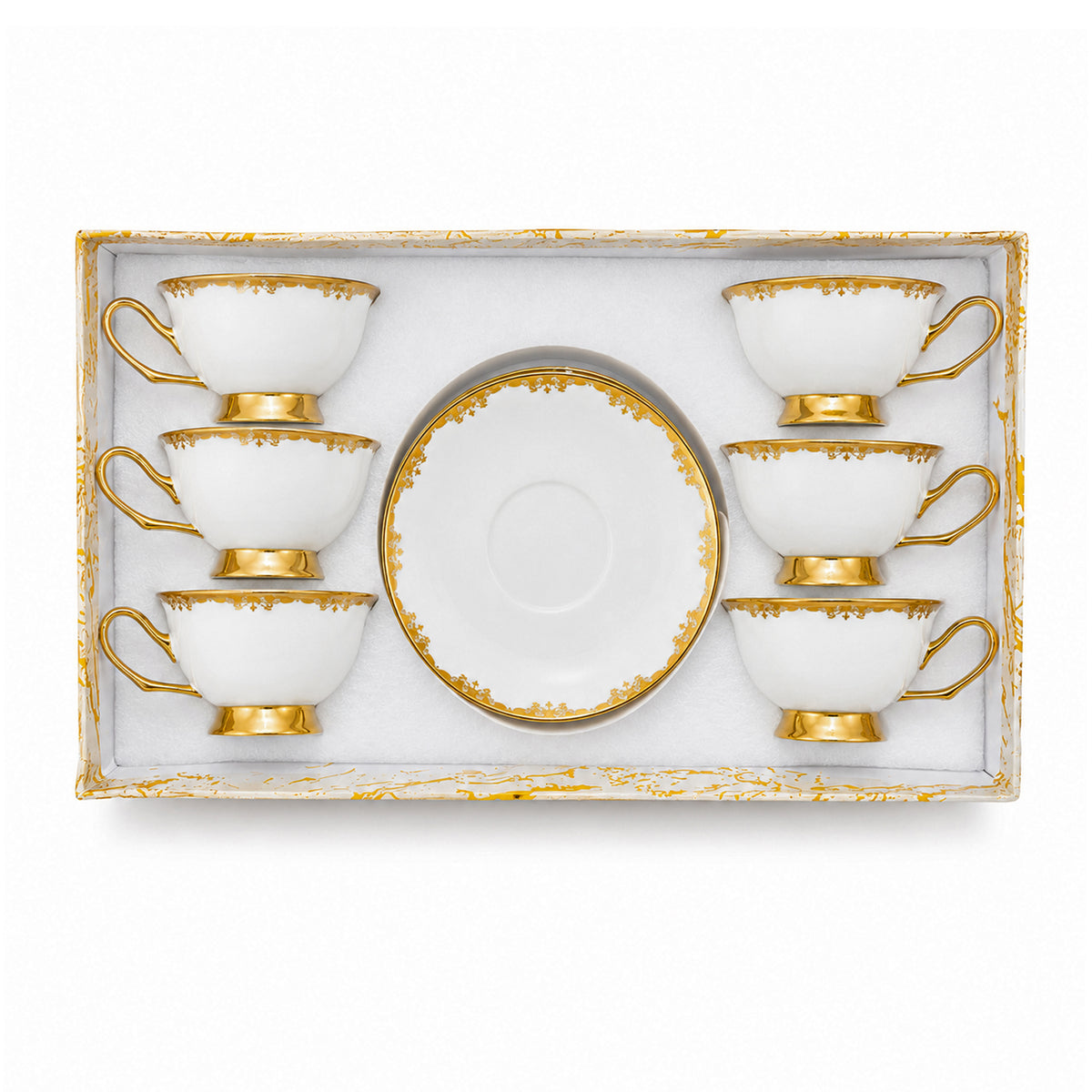 Royal 6-Piece Ceramic "Minimalist Gold Rim" Cup And Saucer Set With Gift Box