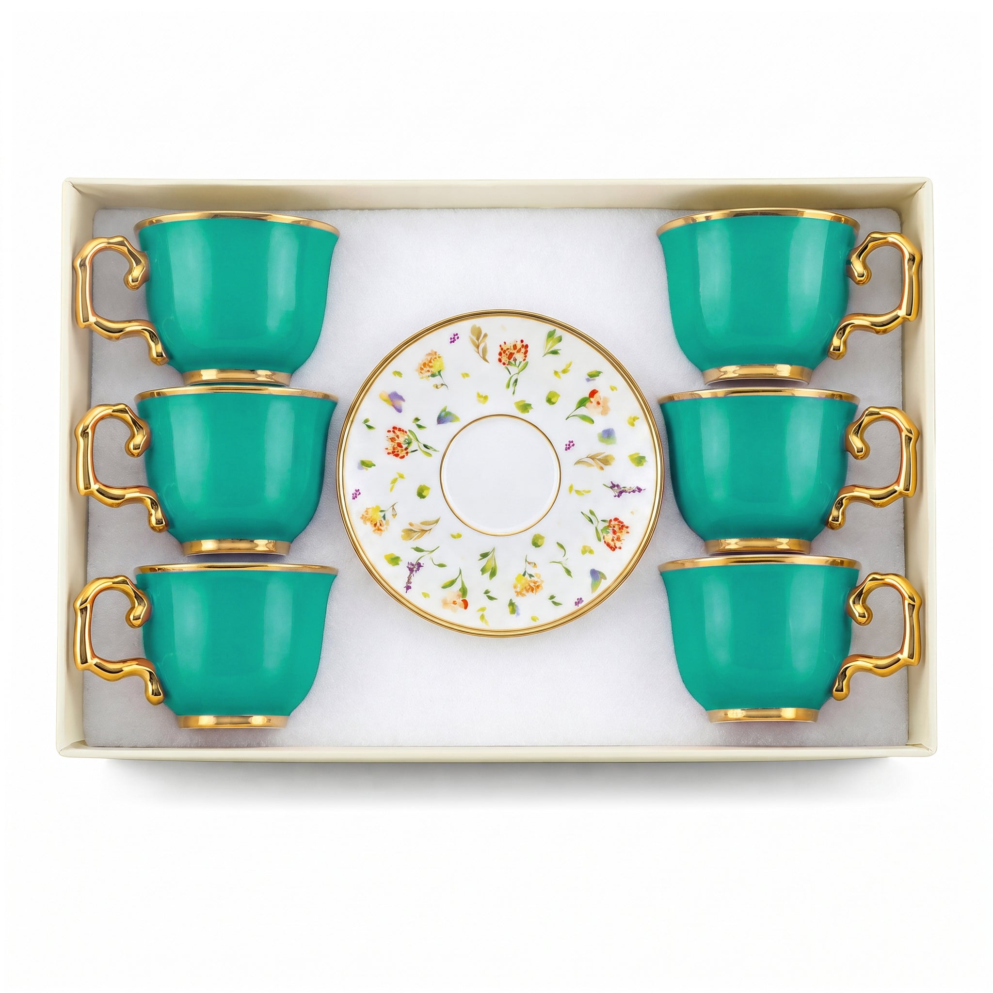 Royal 6-Piece Ceramic "Classic Emerald"  Cup And Saucer Set With Gift Box