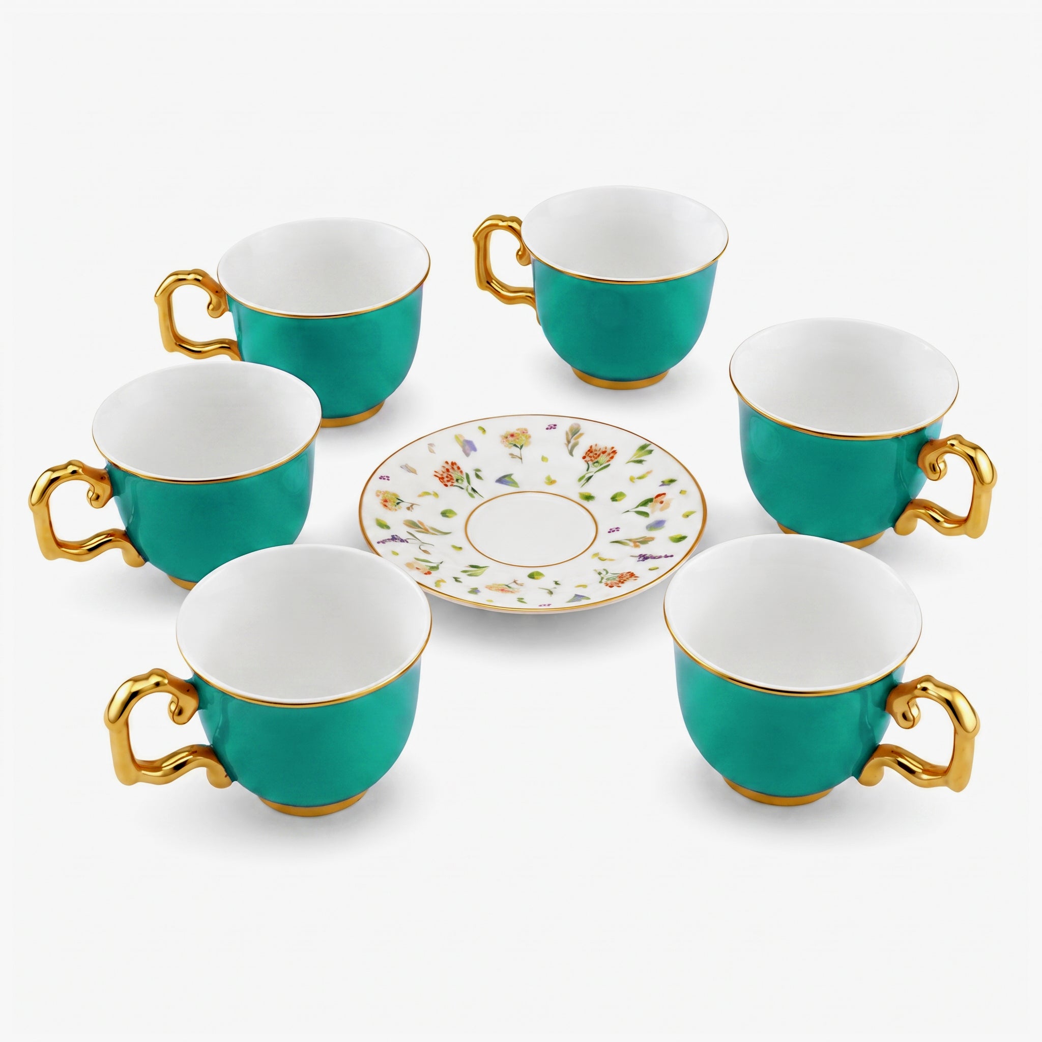 Royal 6-Piece Ceramic "Classic Emerald"  Cup And Saucer Set With Gift Box