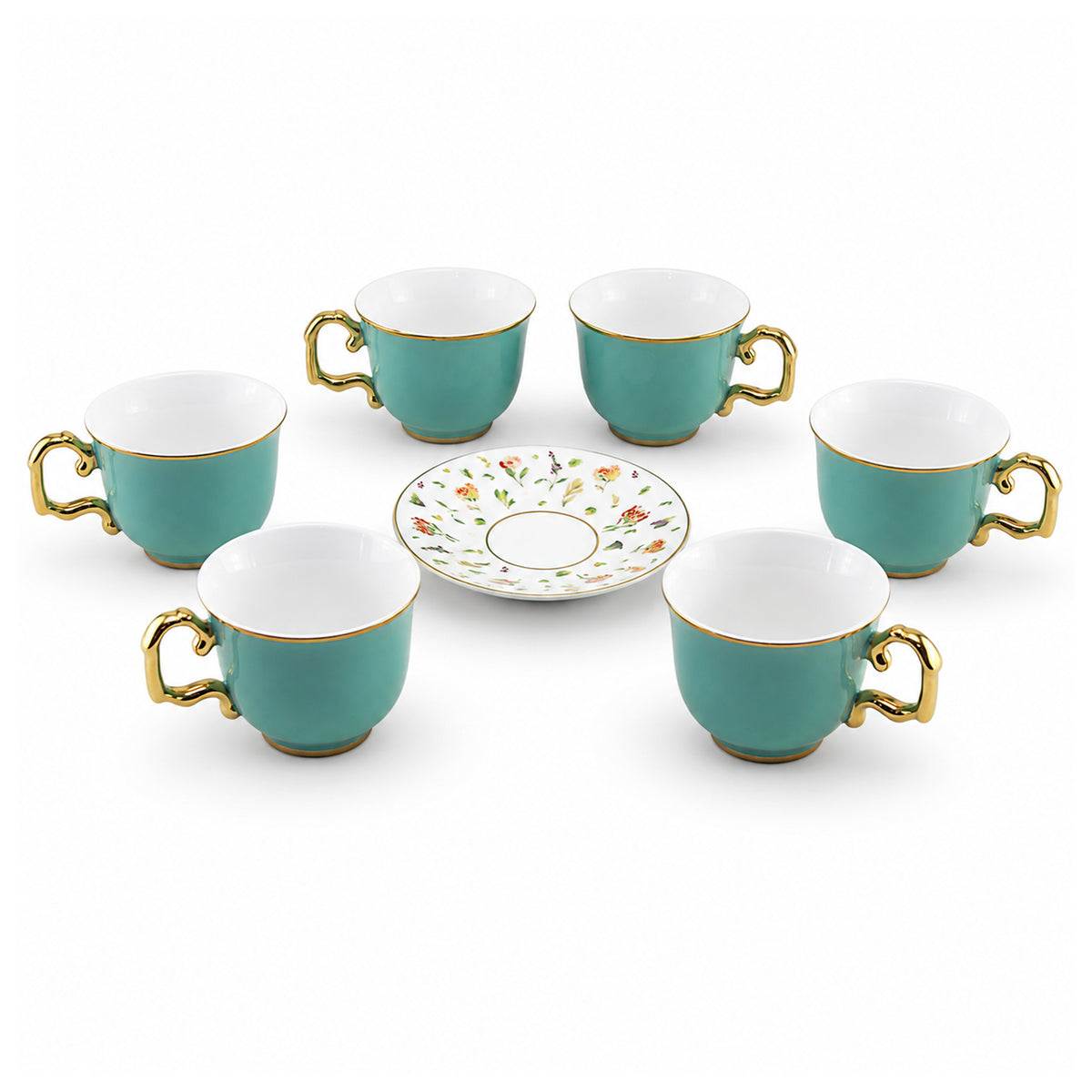 Royal 6-Piece Ceramic "Classic Emerald"  Cup And Saucer Set With Gift Box