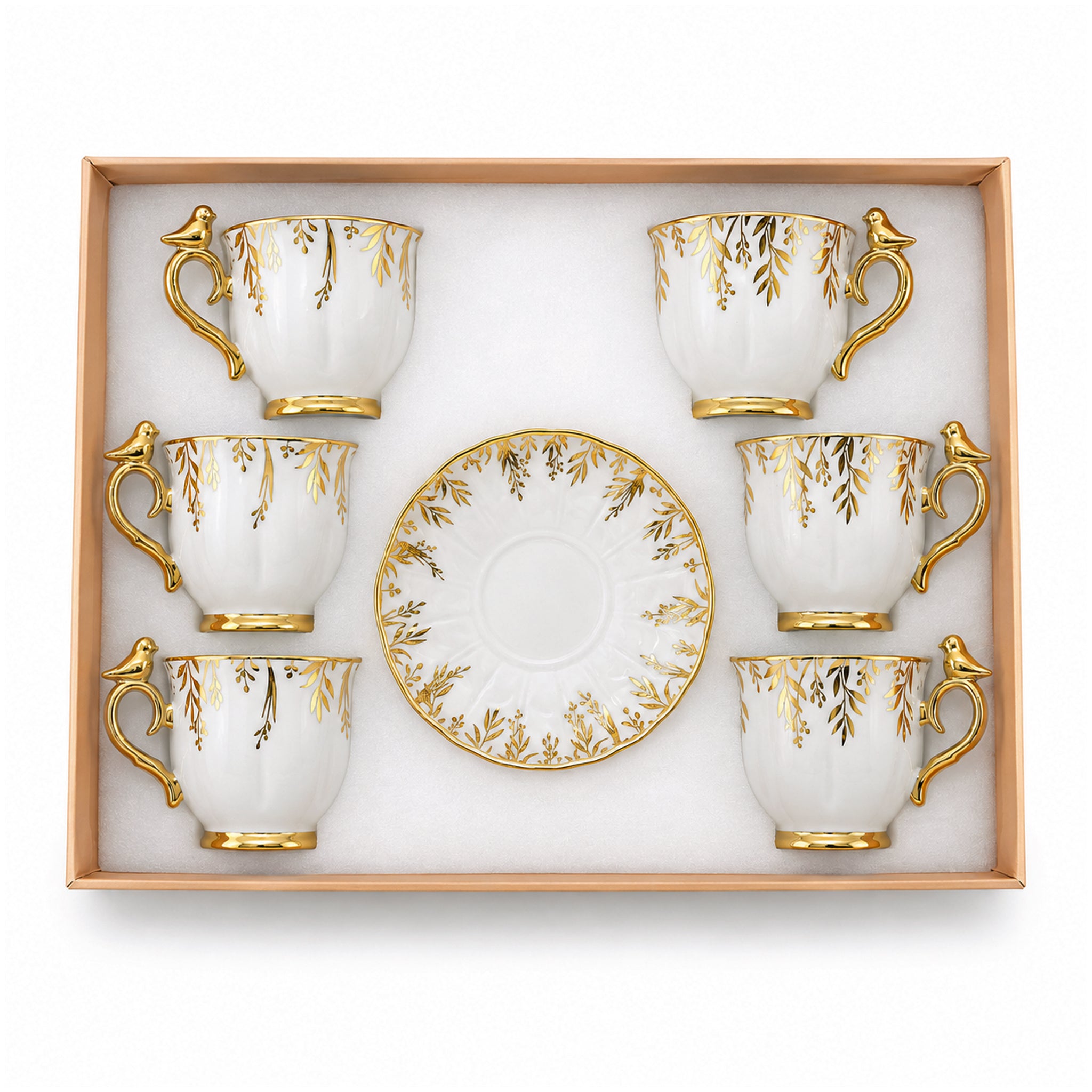 Royal 6-Piece Ceramic "Royal Gold Bird" Cup And Saucer Set With Gift Box
