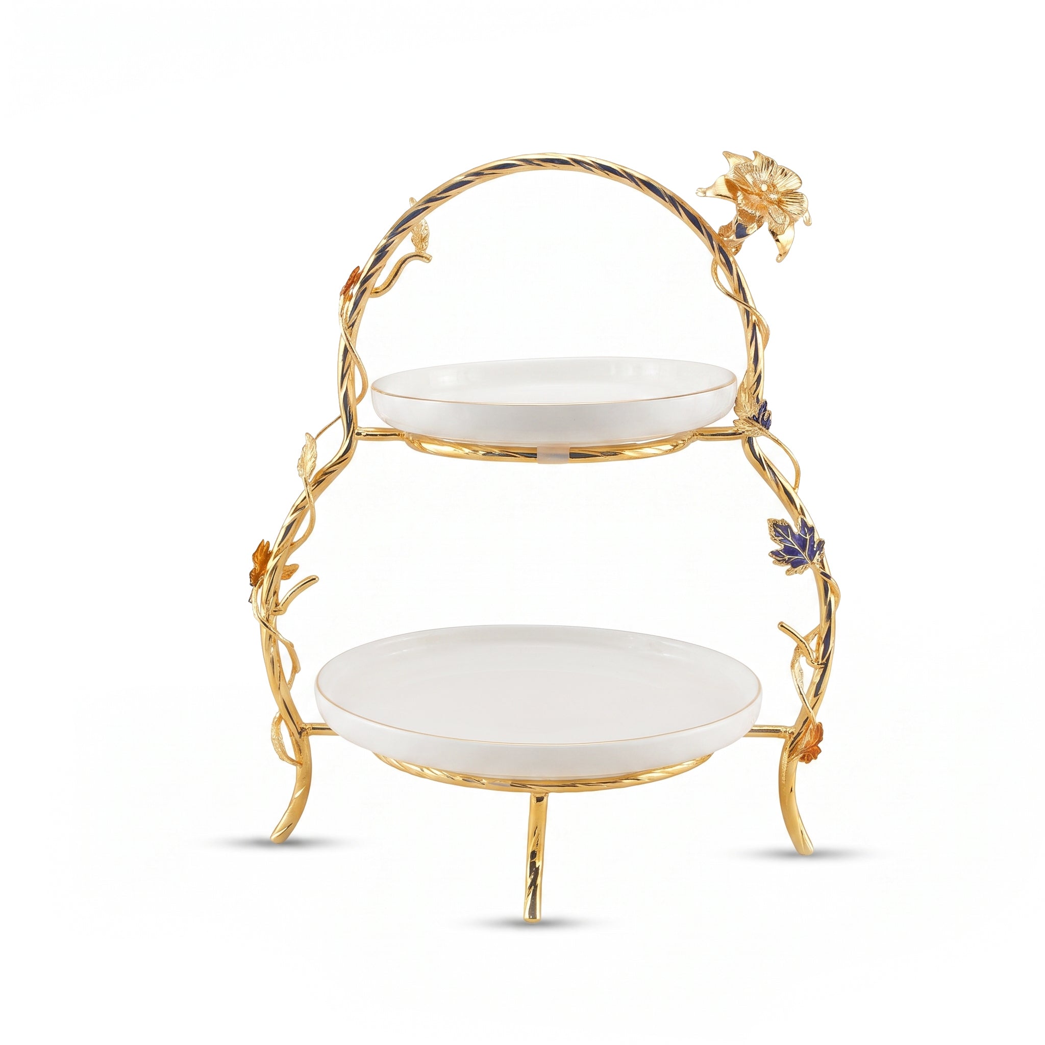 Fancy 2-Tier Oval Ceramic Pastry Stand With Metal Stand