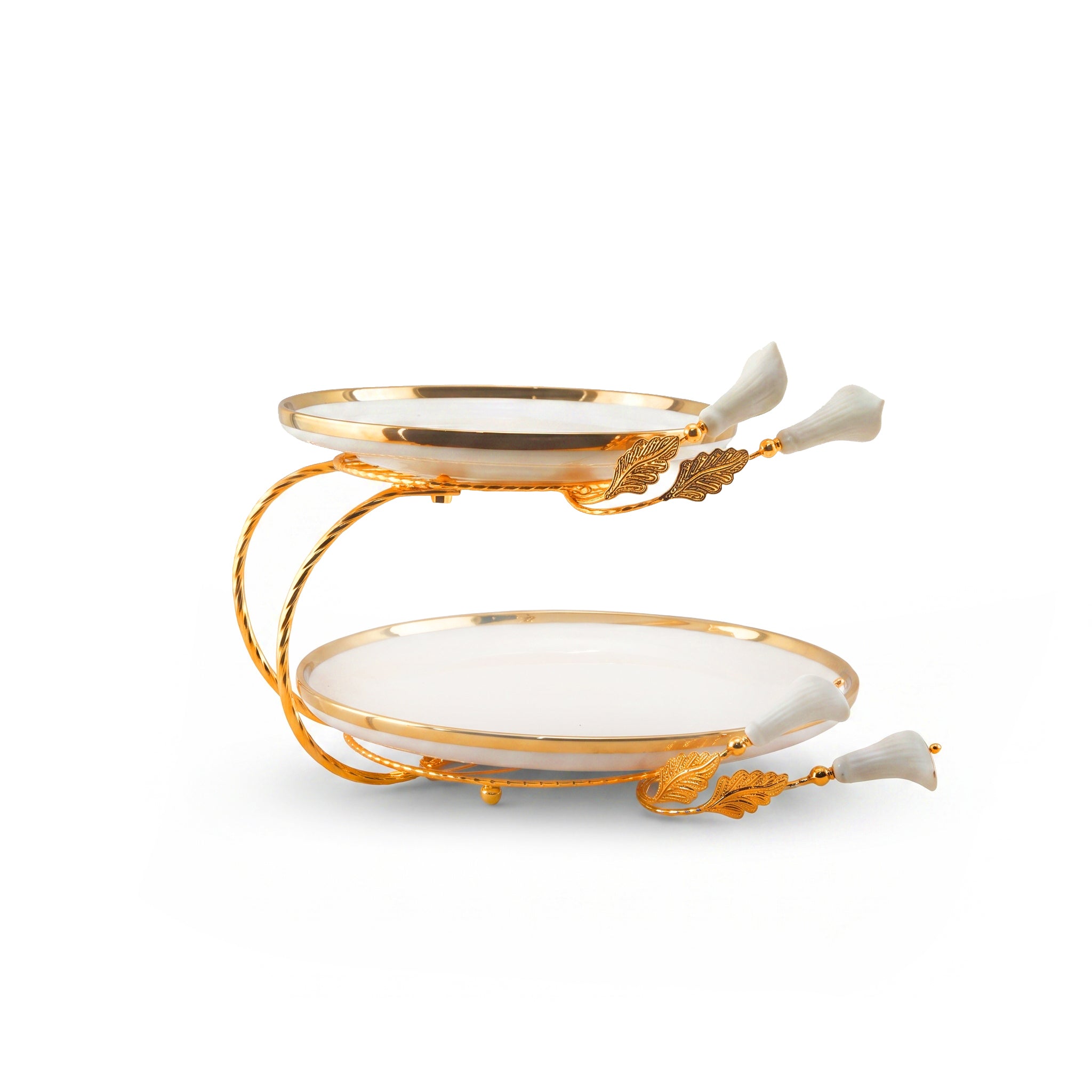 Fancy 2-Tier Oval Ceramic Pastry Stand With Metal Stand