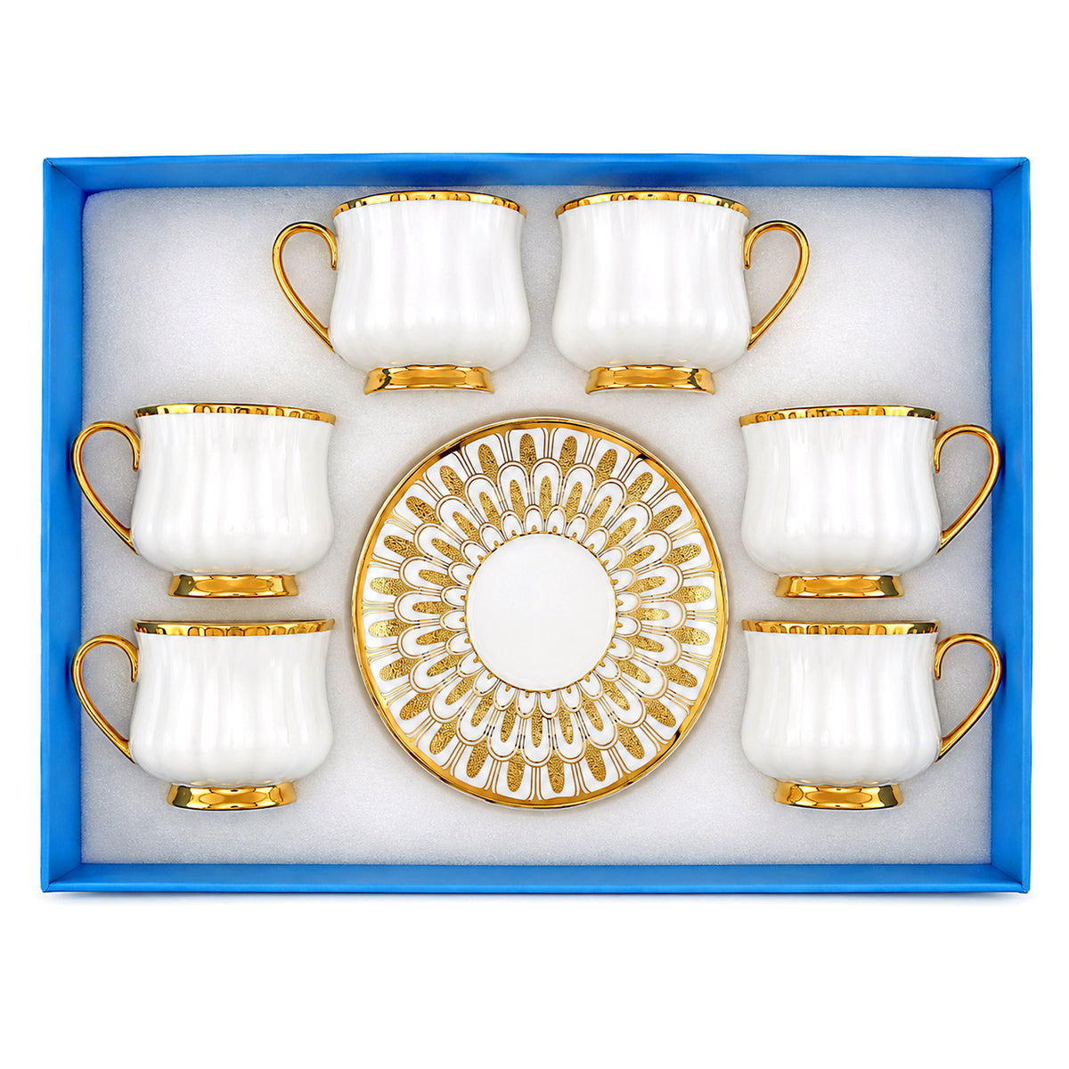 Royal 6-Piece Ceramic "Gold Bloom" Cup And Saucer Set With Gift Box