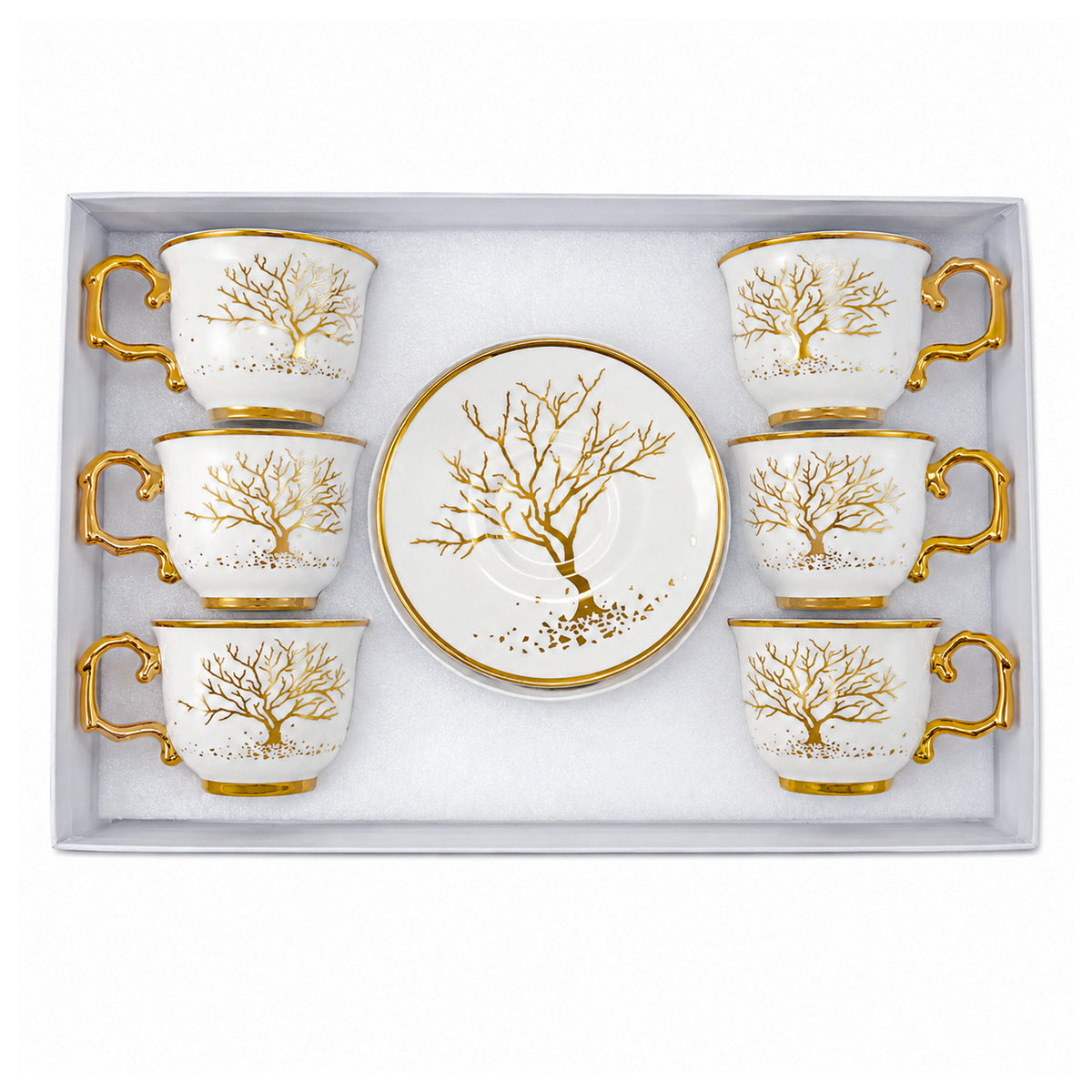 Royal 6-Piece Ceramic "Golden Tree" Cup And Saucer Set With Gift Box