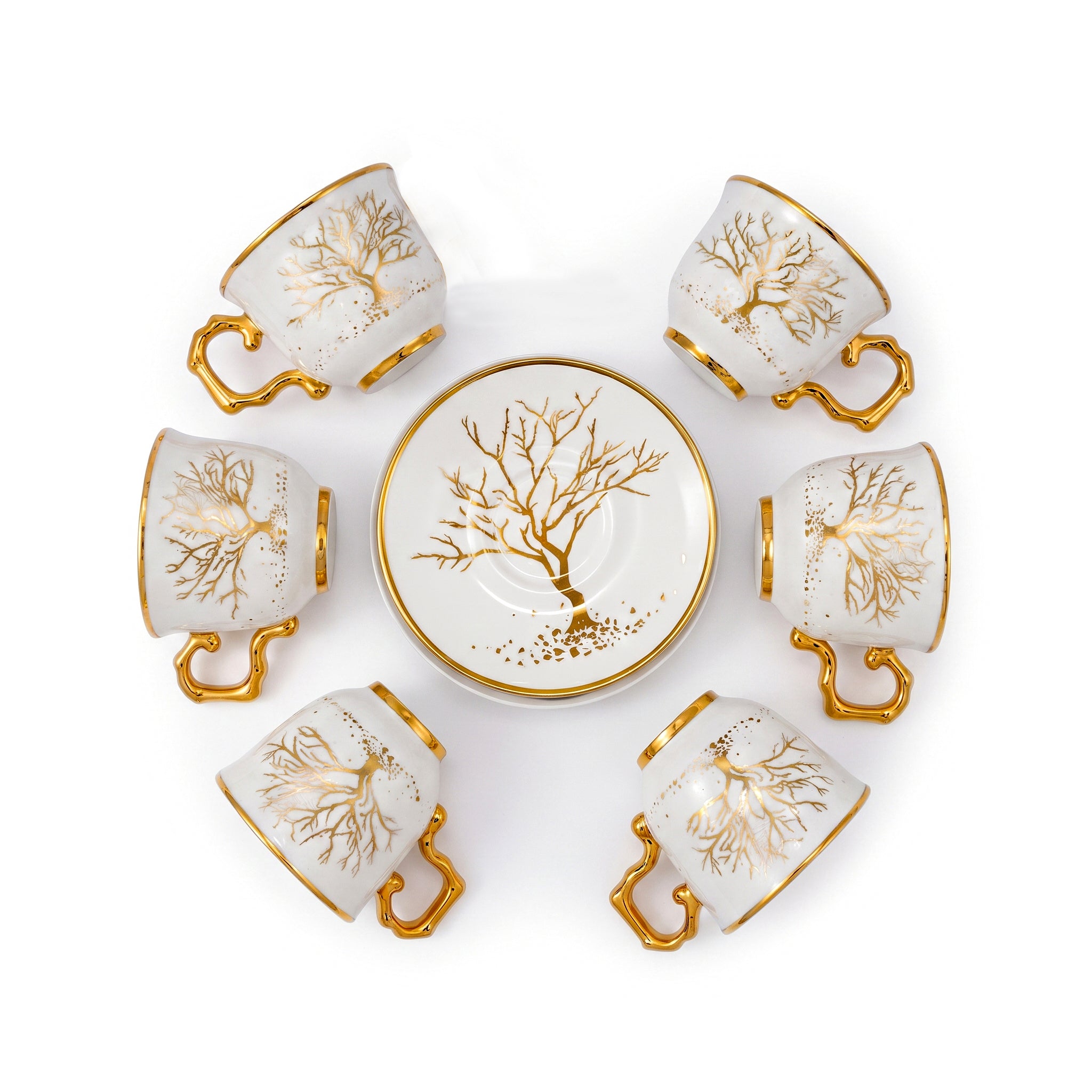 Royal 6-Piece Ceramic "Golden Tree" Cup And Saucer Set With Gift Box