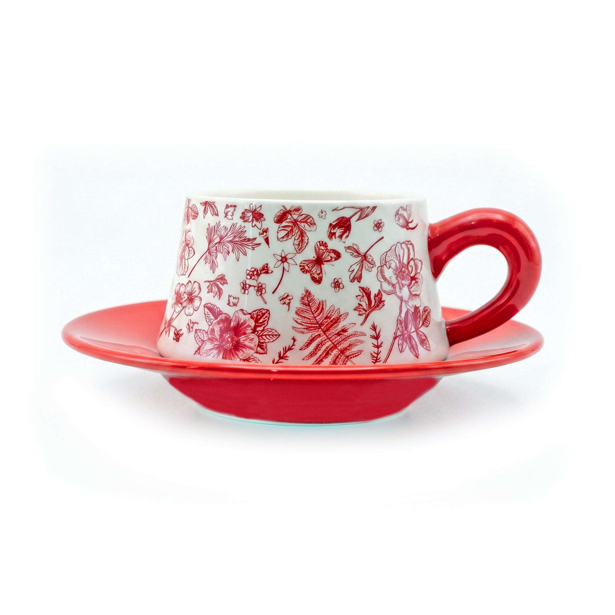 Red Vintage Botanical 300 mL Ceramic Cup And Saucer Kaka Bawa Sons