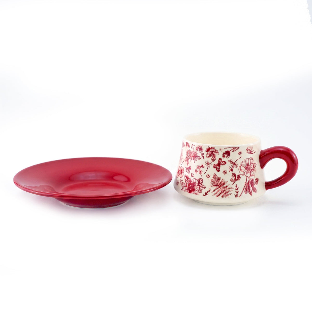 Red Vintage Botanical 300 mL Ceramic Cup And Saucer Kaka Bawa Sons