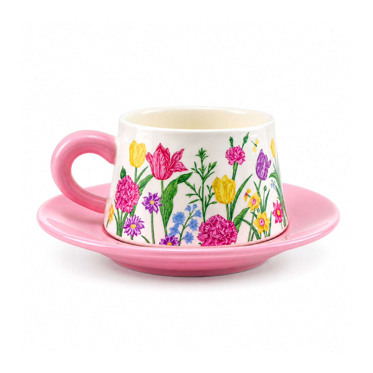Pink Tulip Garden 300 mL Ceramic Cup And Saucer Kaka Bawa Sons