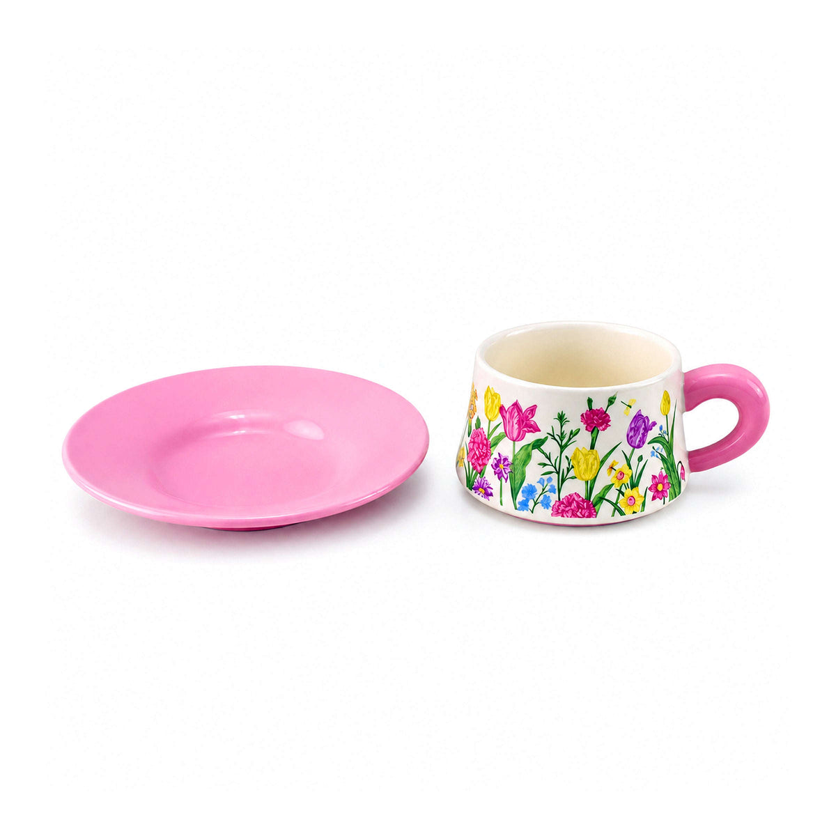 Pink Tulip Garden 300 mL Ceramic Cup And Saucer Kaka Bawa Sons