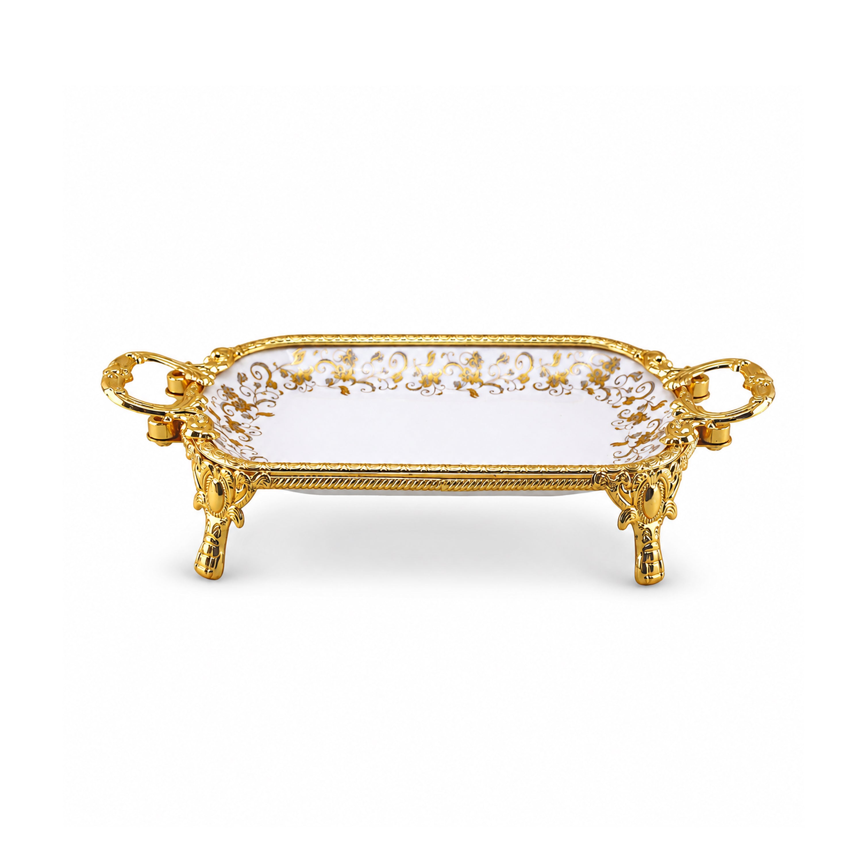 Brilliant Porcelain Rectangular Dish - Golden Flower - 10.5 Inch