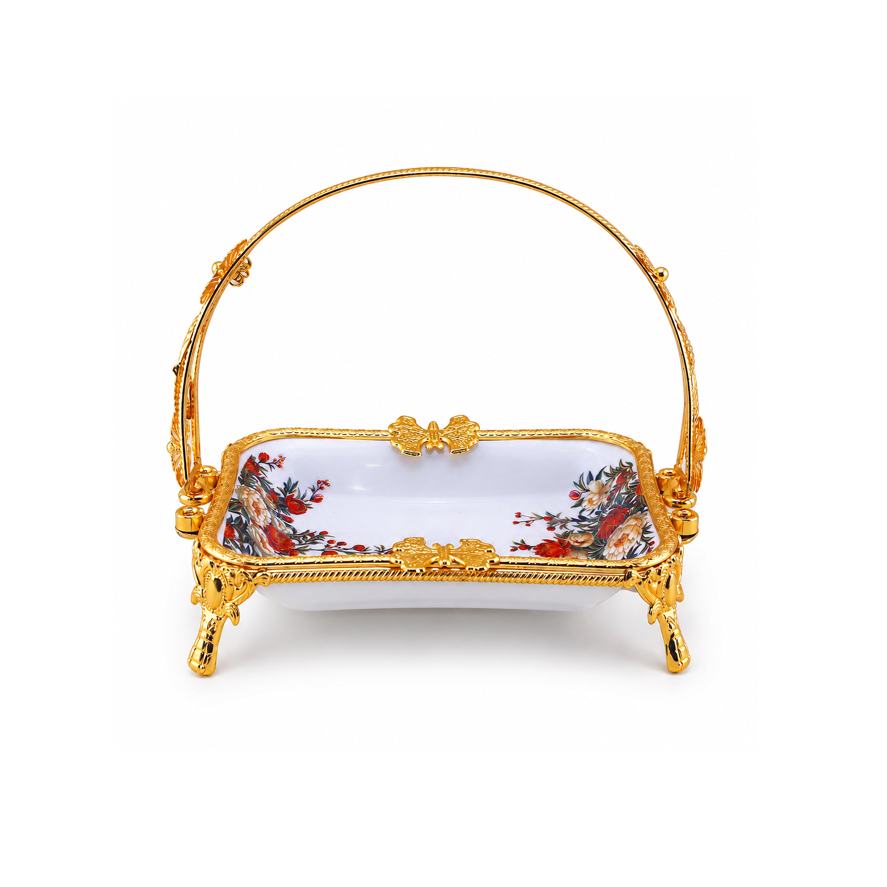 Brilliant Porcelain Rectangular Serving Dish With Gold Handle - Red Flower - 10 Inch