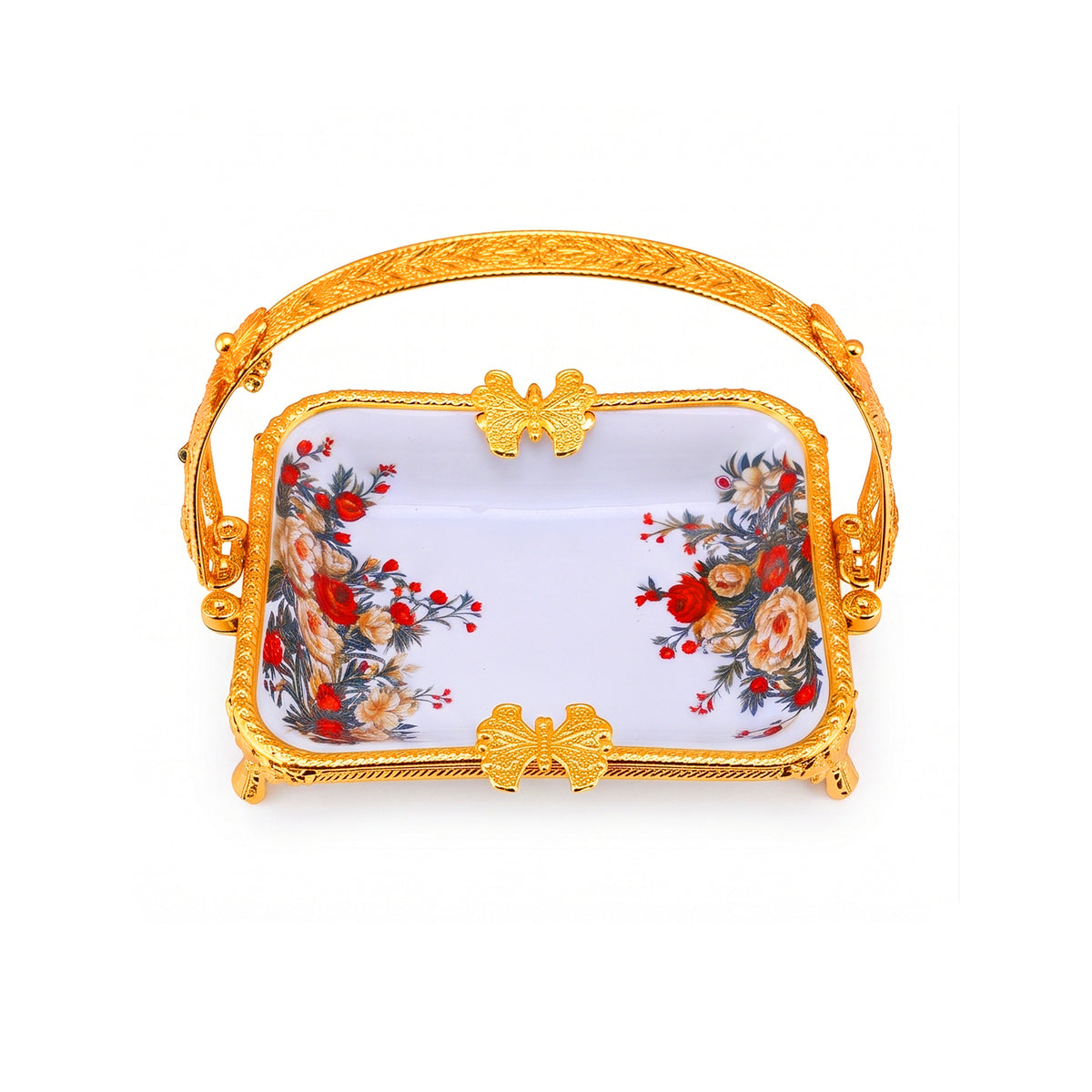 Brilliant Porcelain Rectangular Serving Dish With Gold Handle - Red Flower - 10 Inch