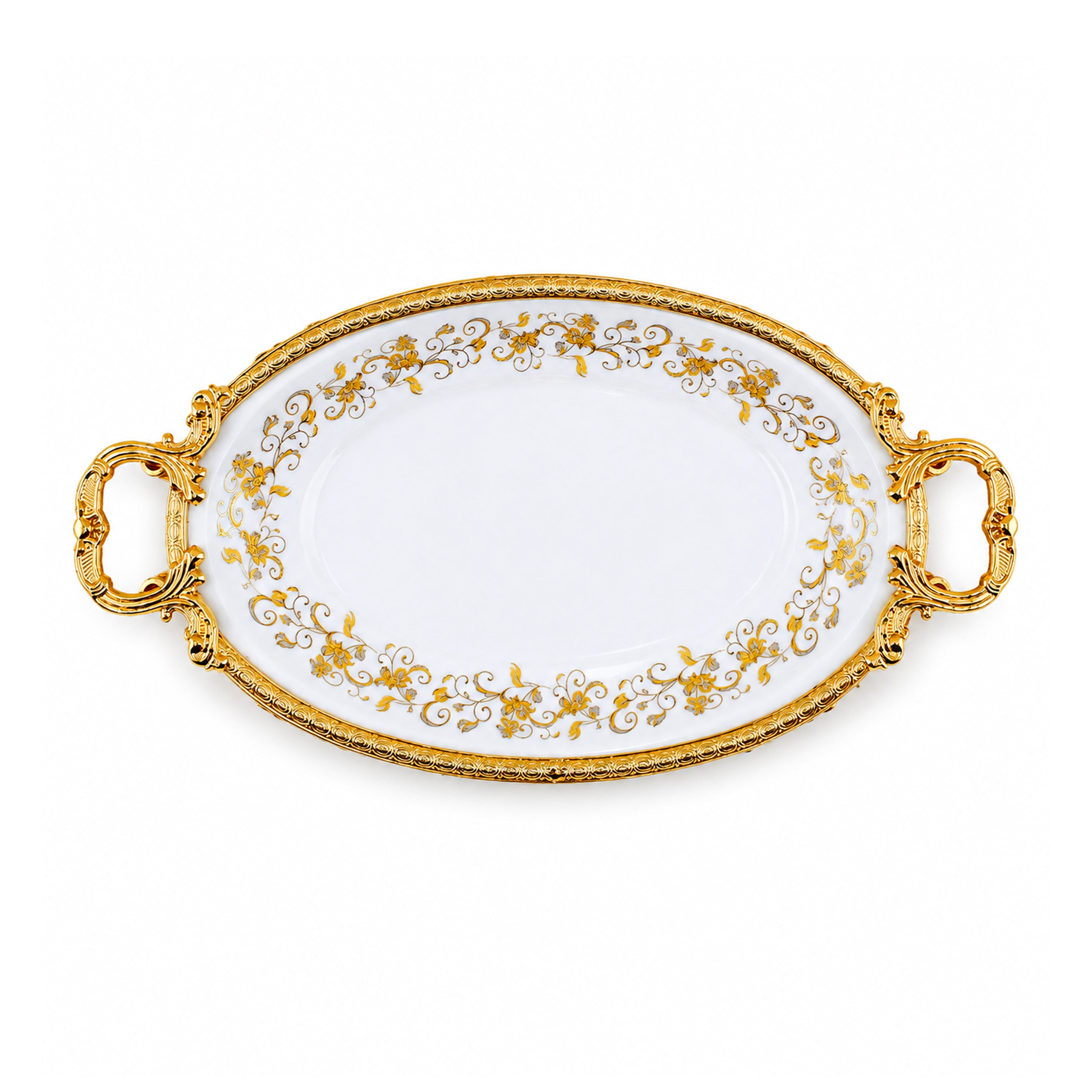 Brilliant Porcelain Oval Serving Dish - Golden Flower - 13.5 Inch