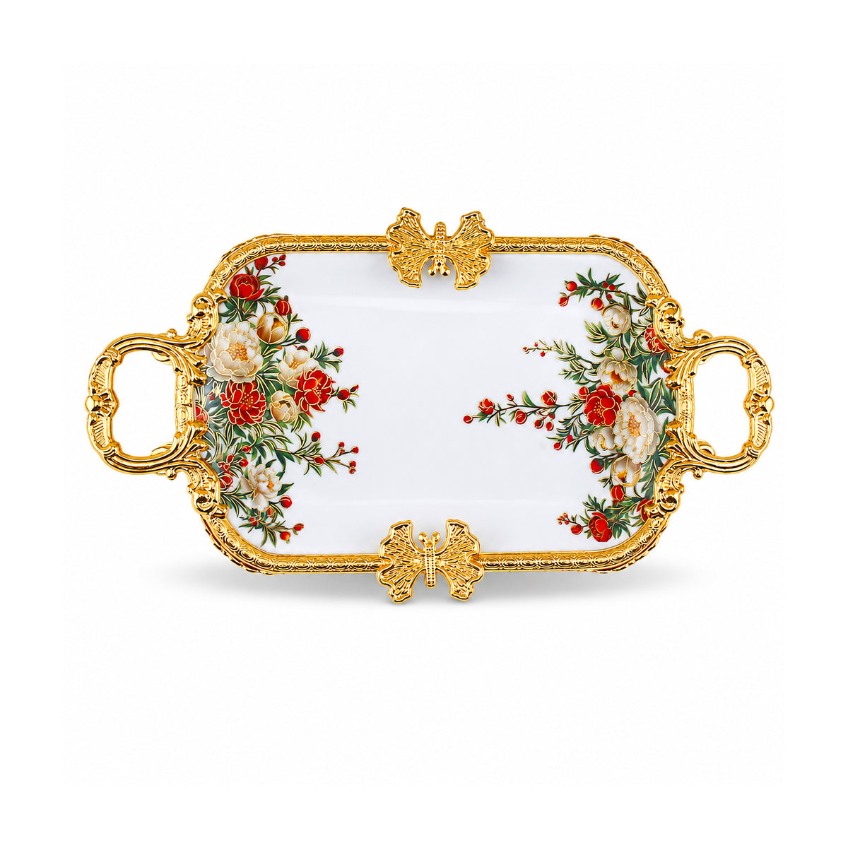 Brilliant Porcelain Rectangular Serving Dish - Red Flower - 10.75 Inch
