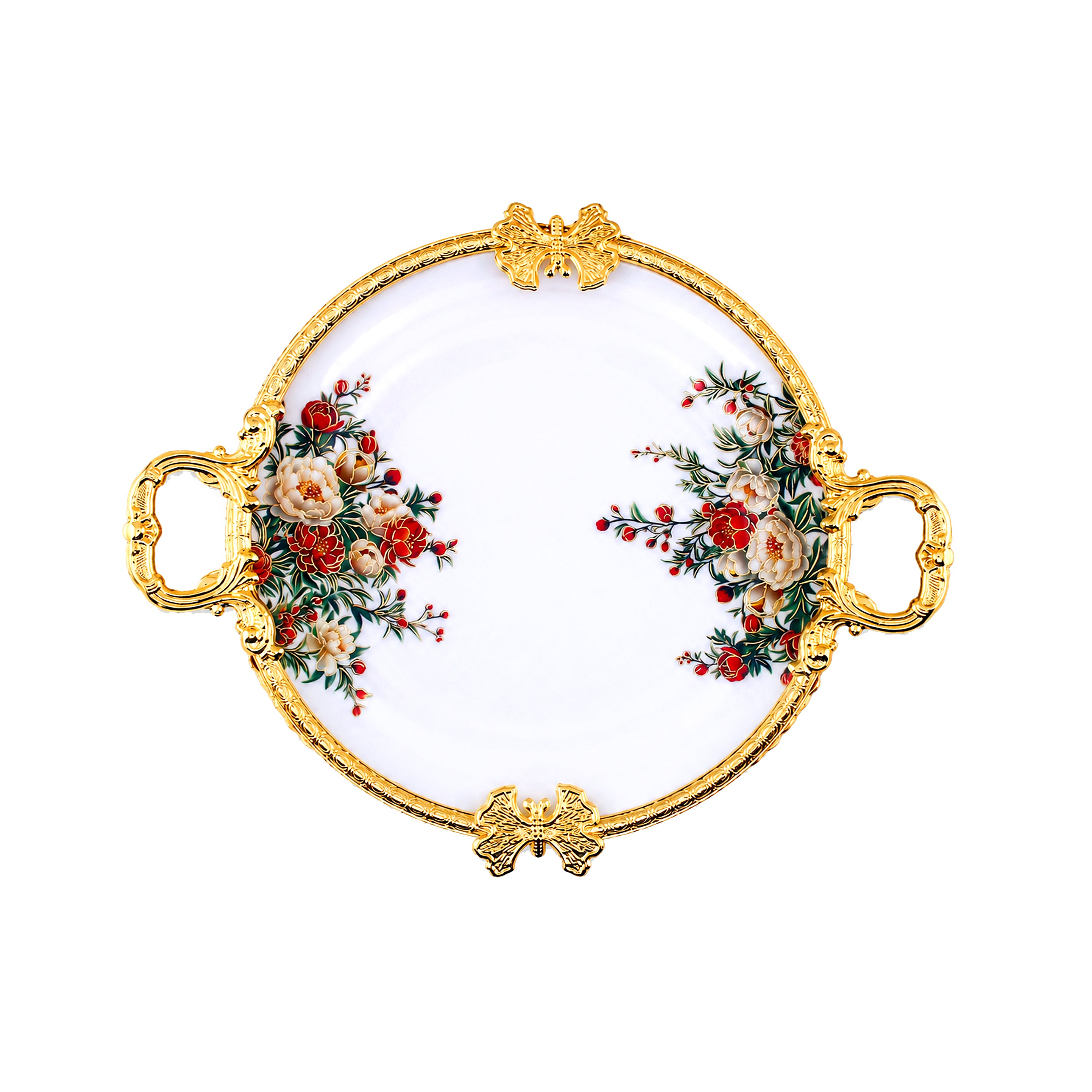 Brilliant Porcelain Round Serving Dish - Red Flower - 12 Inch