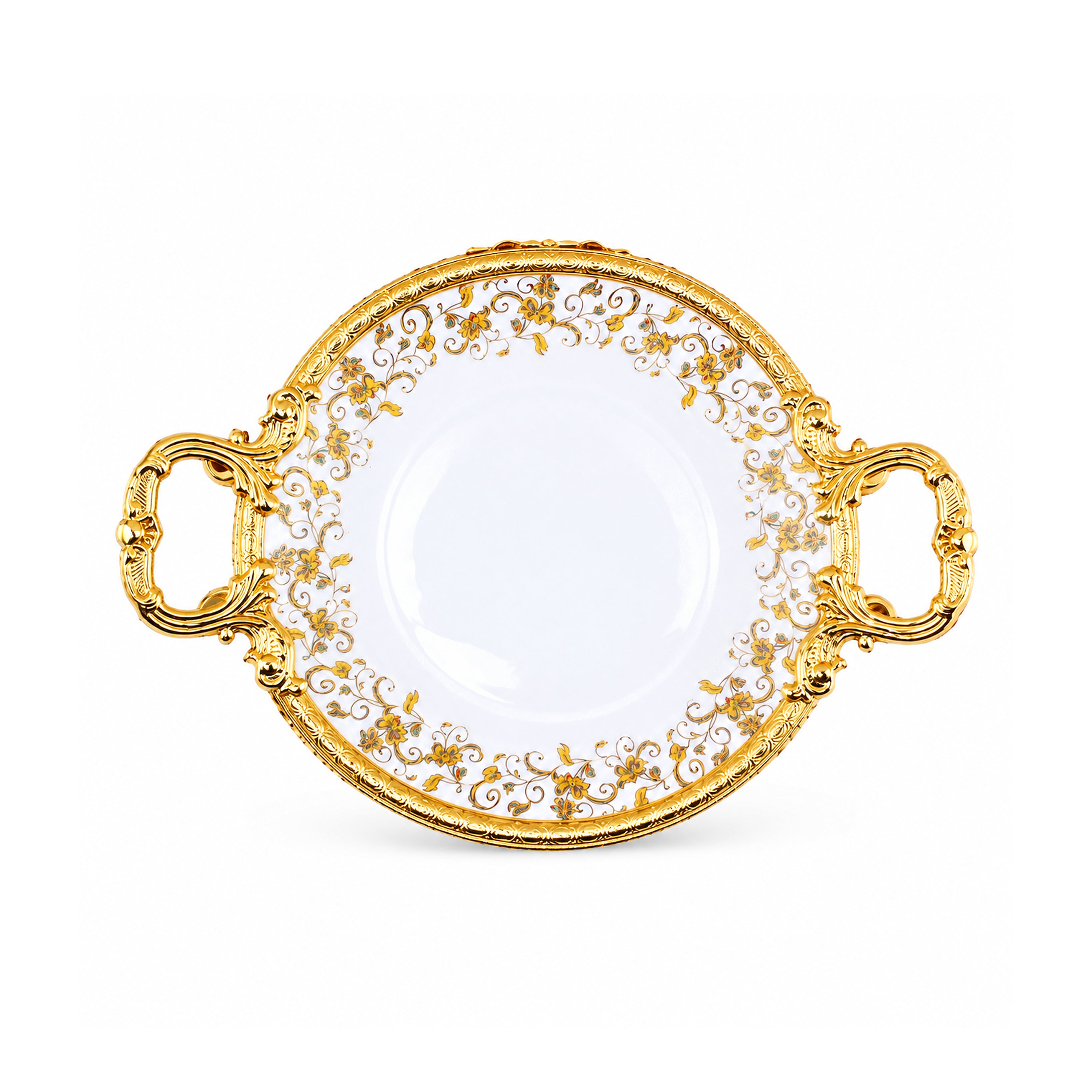 Brilliant Porcelain Round Serving Dish - Golden Flower - 8.5 Inch