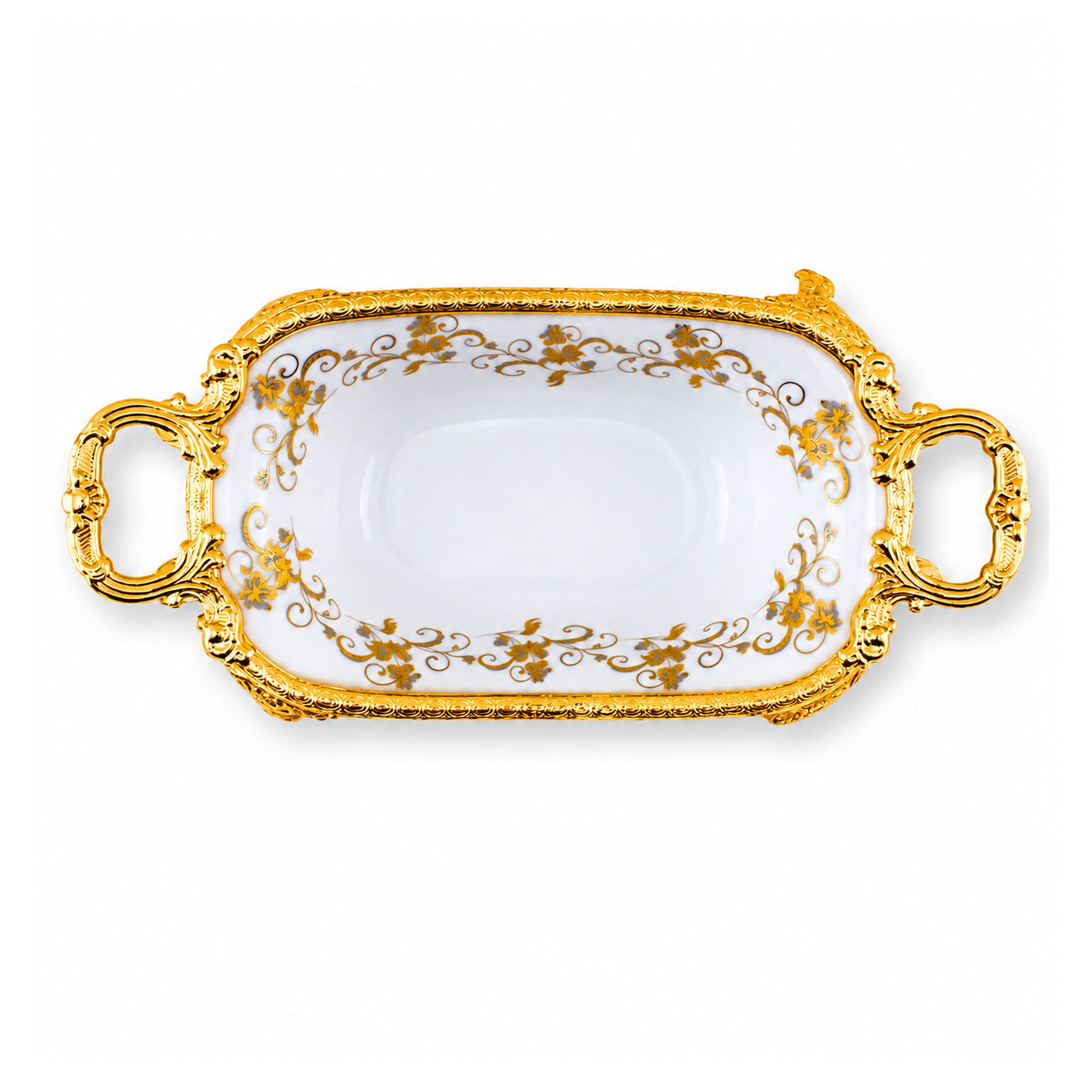 Brilliant Porcelain Oval Wavy Serving Dish - Golden Flower - 11 Inch