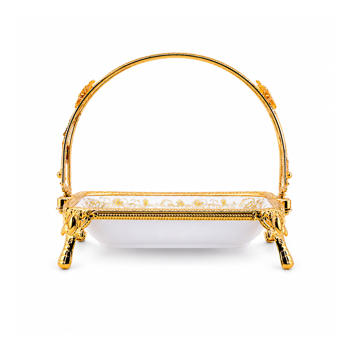 Brilliant Porcelain Rectangular Serving Dish With Ornate Stand - Golden Flower - 9.5 Inch