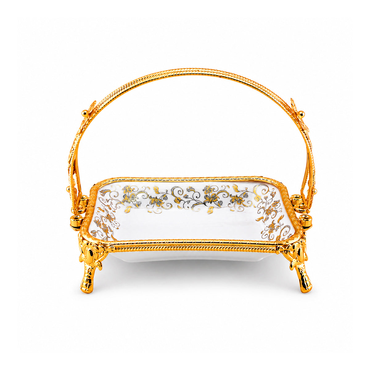 Brilliant Porcelain Rectangular Serving Dish With Ornate Stand - Golden Flower - 9.5 Inch