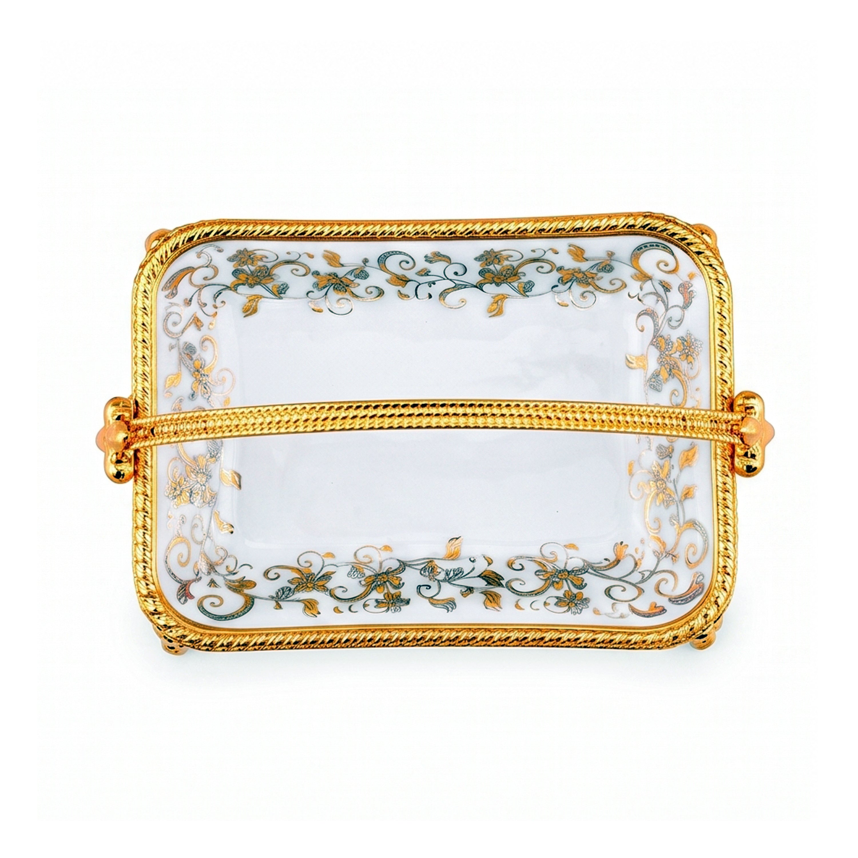 Brilliant Porcelain Rectangular Serving Dish With Ornate Stand - Golden Flower - 9.5 Inch