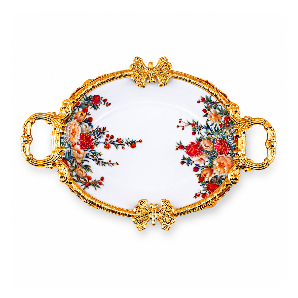 Brilliant Porcelain Oval Serving Dish - Red Flower - 10 Inch