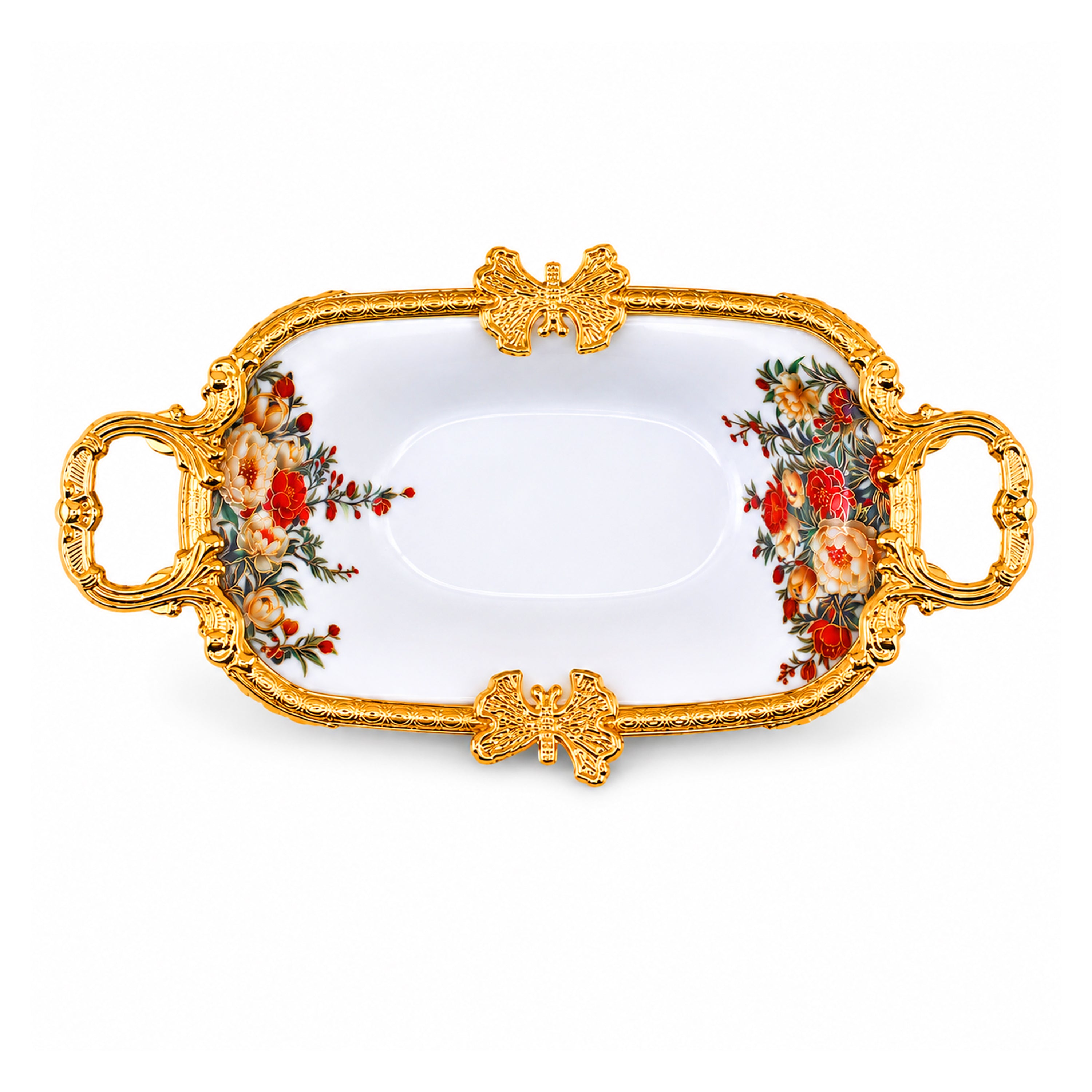 Brilliant Porcelain Wavy Oval Serving Dish - Red Flower - 12.5 Inch