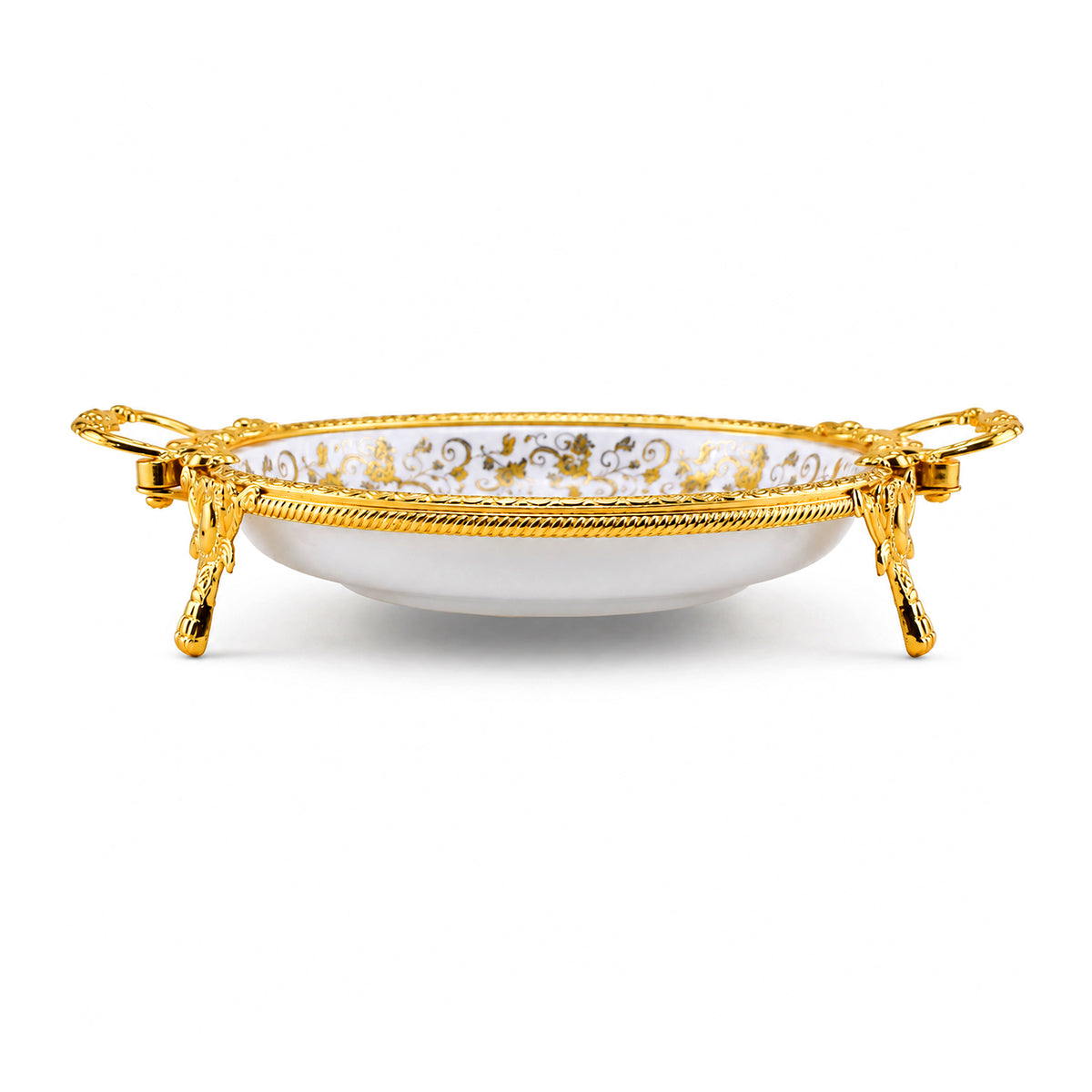 Brilliant Porcelain Round Serving Dish – Golden Flower Elegance, 10.5 Inch