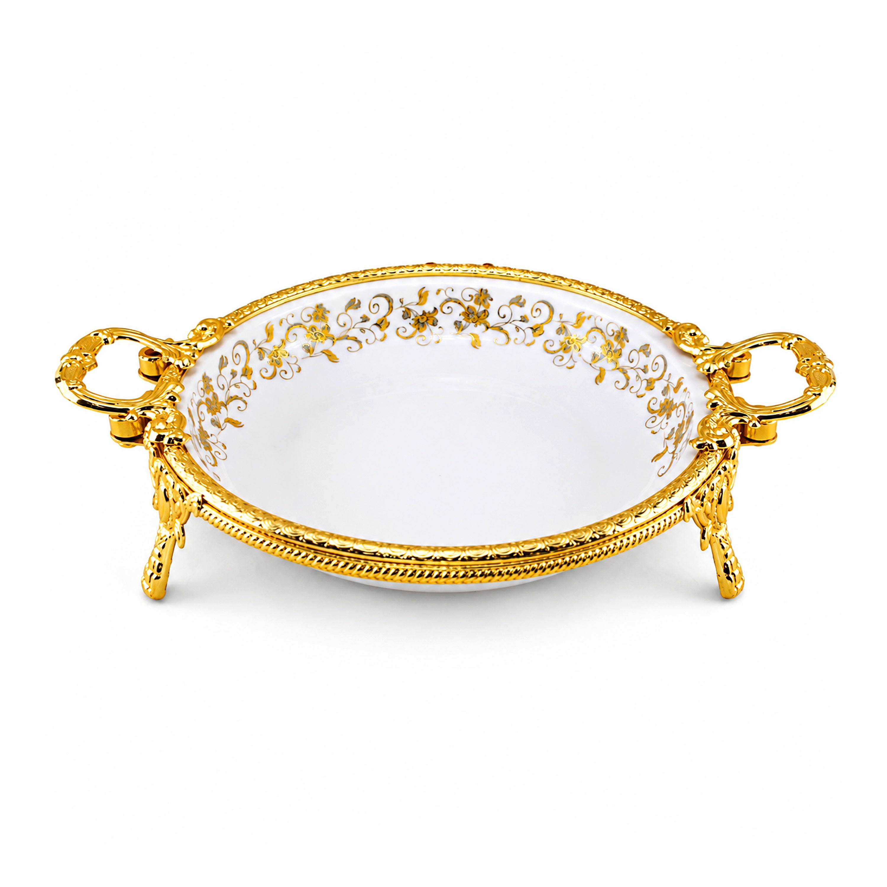 Brilliant Porcelain Round Serving Dish – Golden Flower Elegance, 10.5 Inch