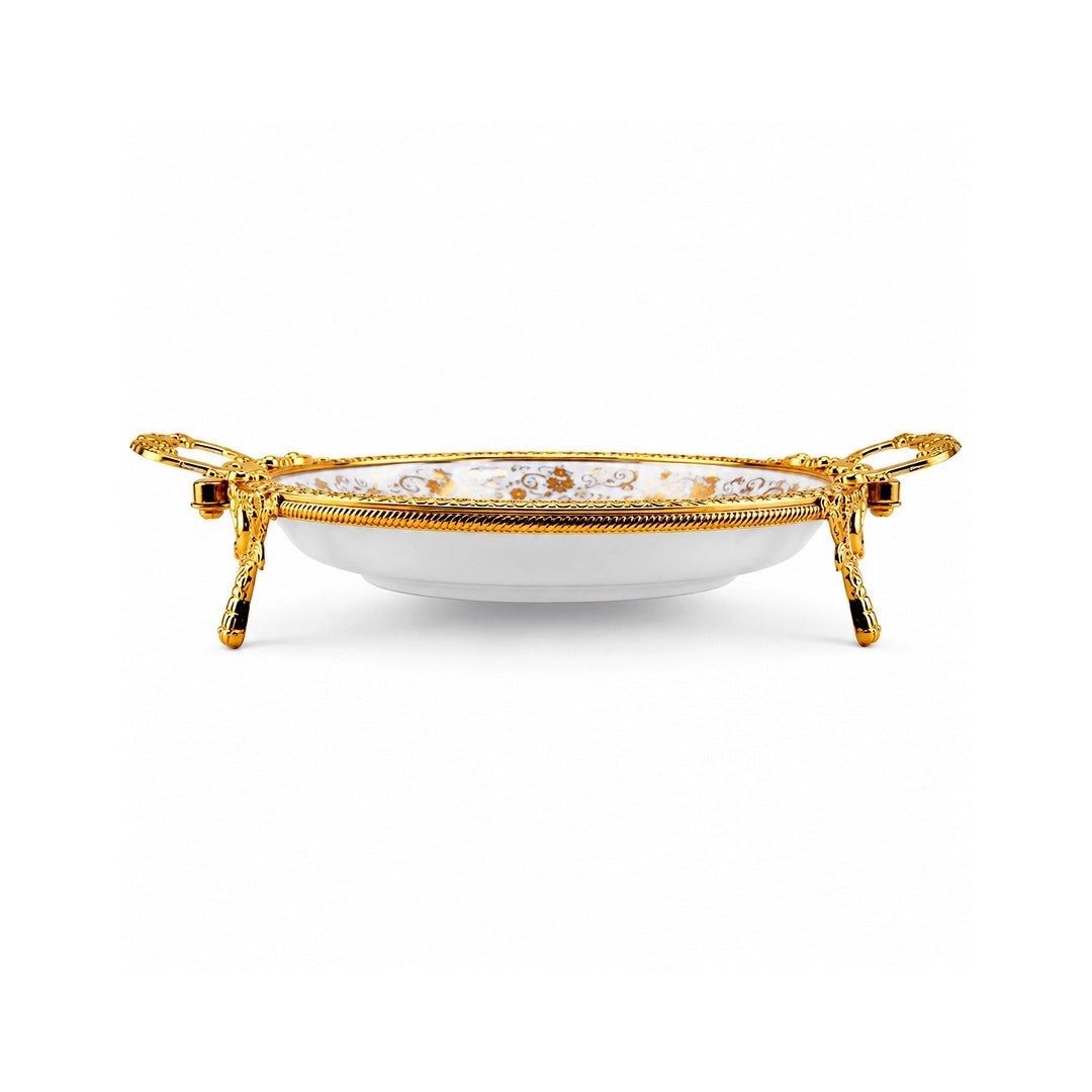 Brilliant Porcelain Round Serving Dish | Golden Flower Design | 12.5 Inch