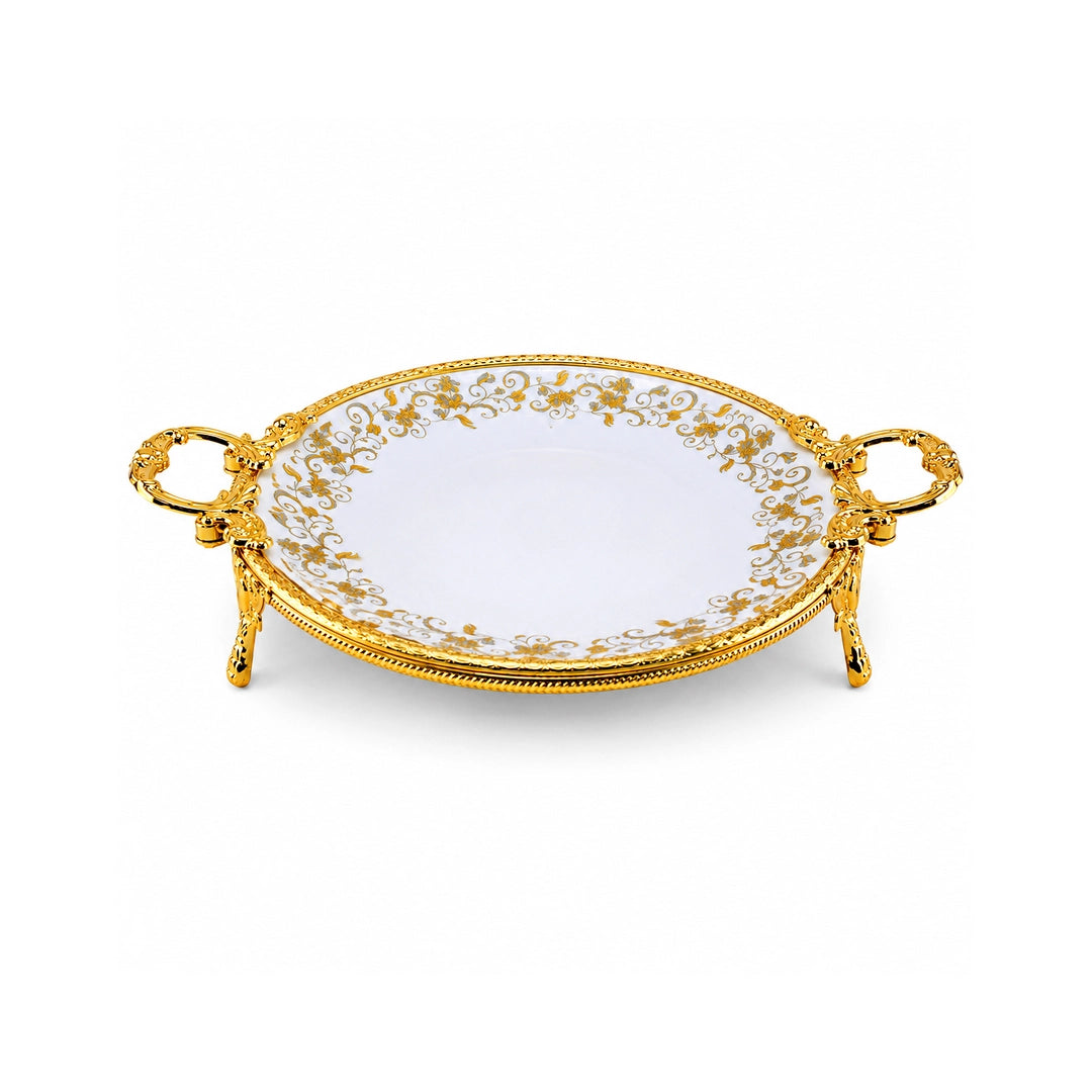 Brilliant Porcelain Round Serving Dish | Golden Flower Design | 12.5 Inch