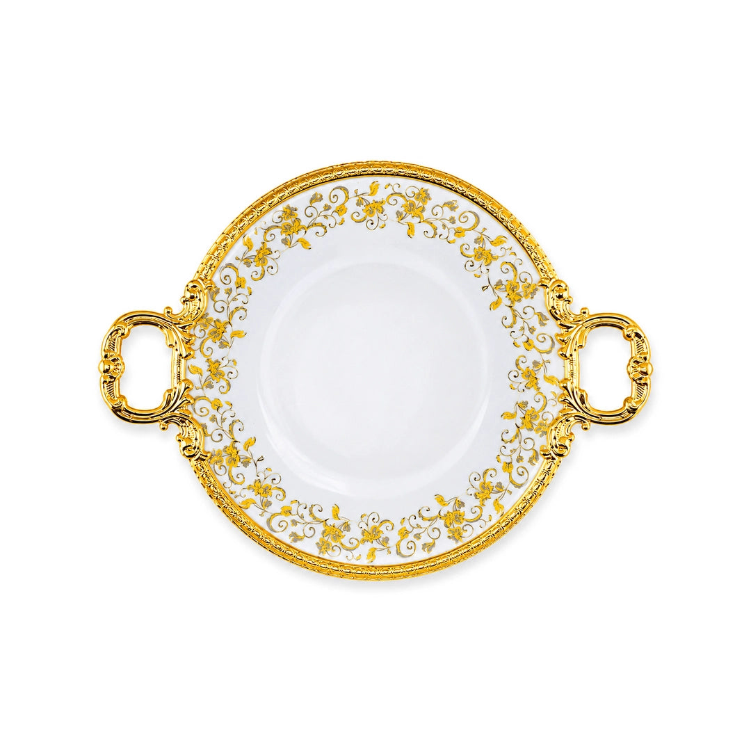 Brilliant Porcelain Round Serving Dish | Golden Flower Design | 12.5 Inch