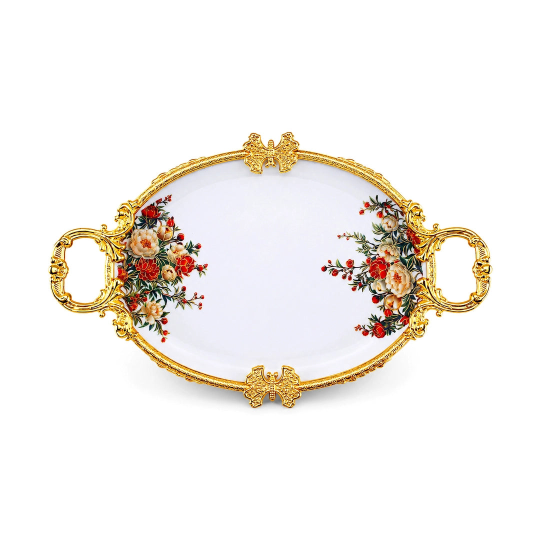 Brilliant Porcelain Oval Serving Dish | Red Flower | 13 Inch