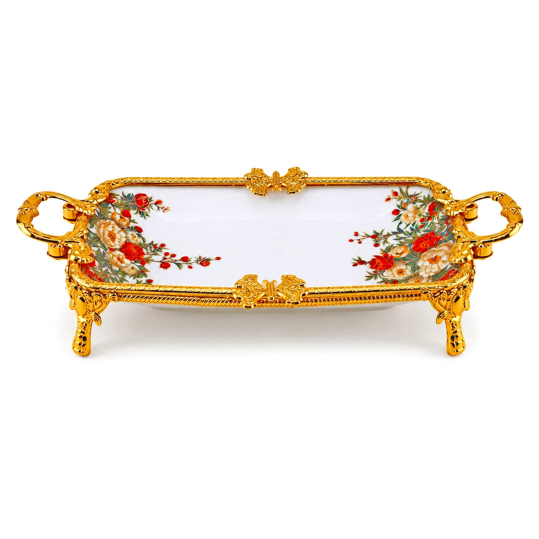 Brilliant Porcelain Rectangular Serving Dish | Red Flower | 12 Inch
