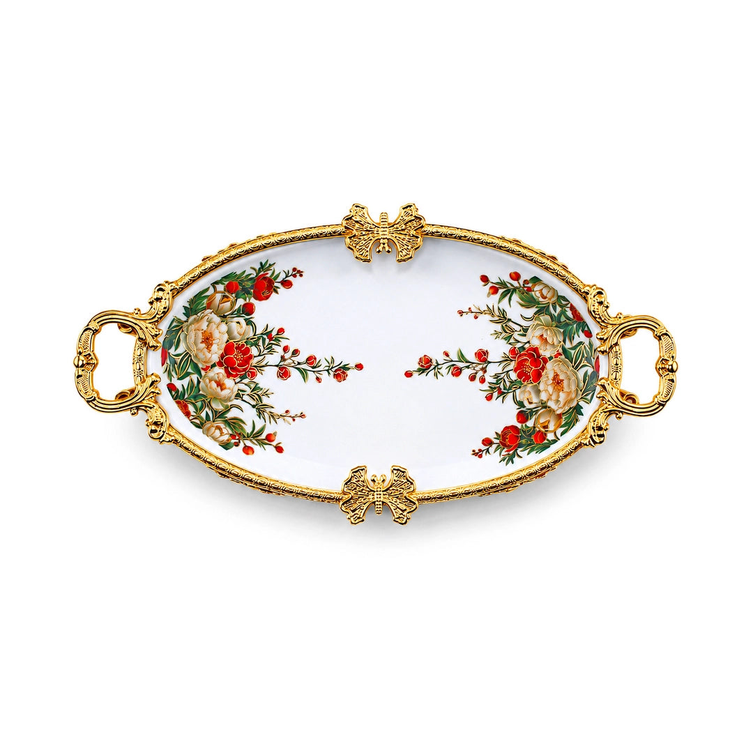 Brilliant Porcelain Oval Serving Dish | Red Flower | 13.5 Inch