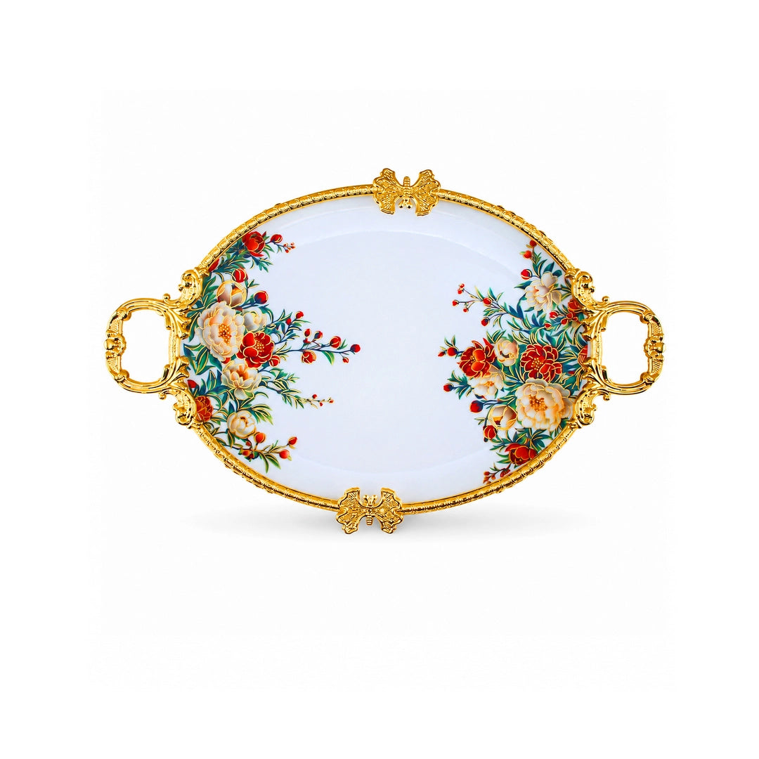 Brilliant Porcelain Oval Serving Dish | Red Flower | 14 Inch