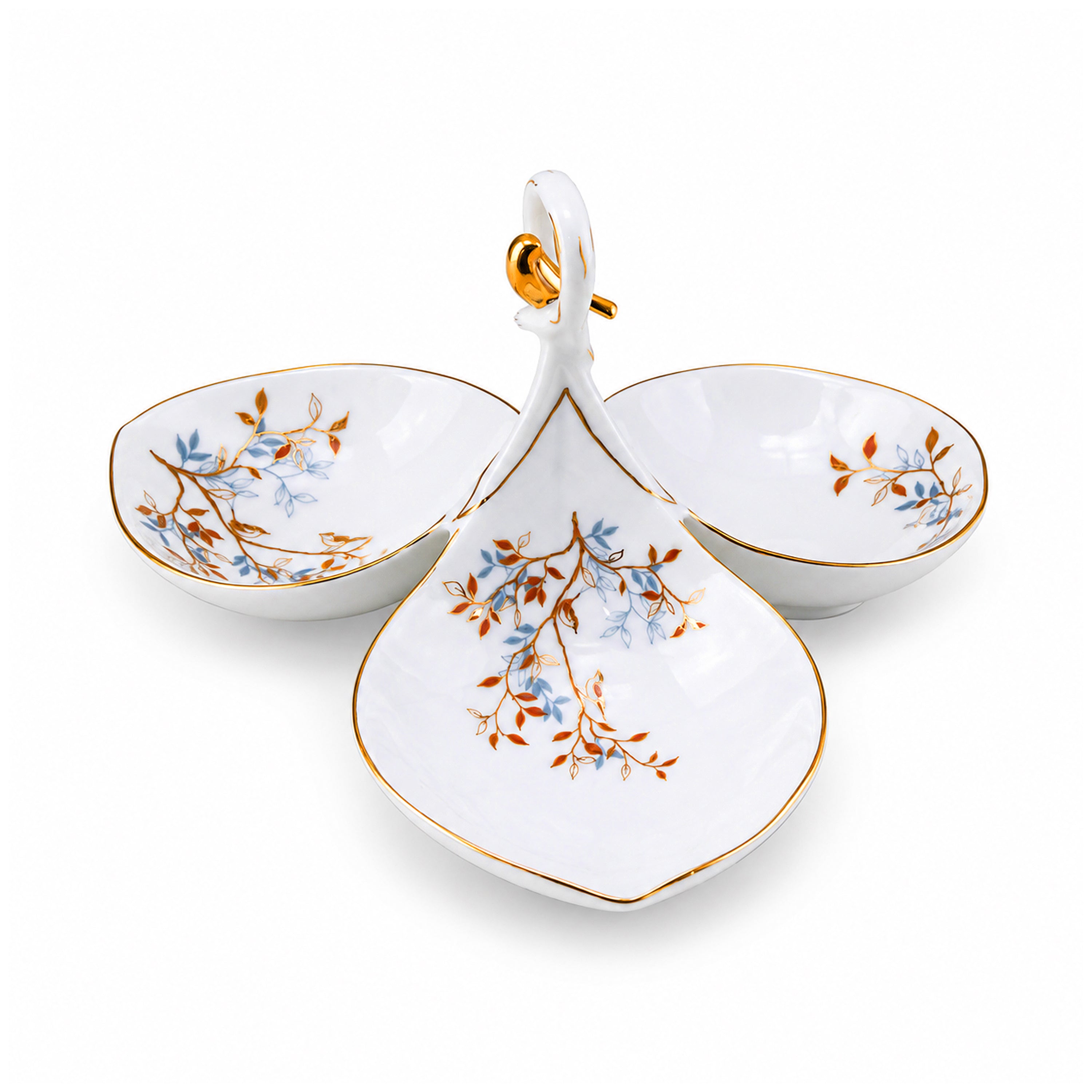 Angela Ceramic Serving Dish With Handle | Gold Leaf Design | 3-Portion