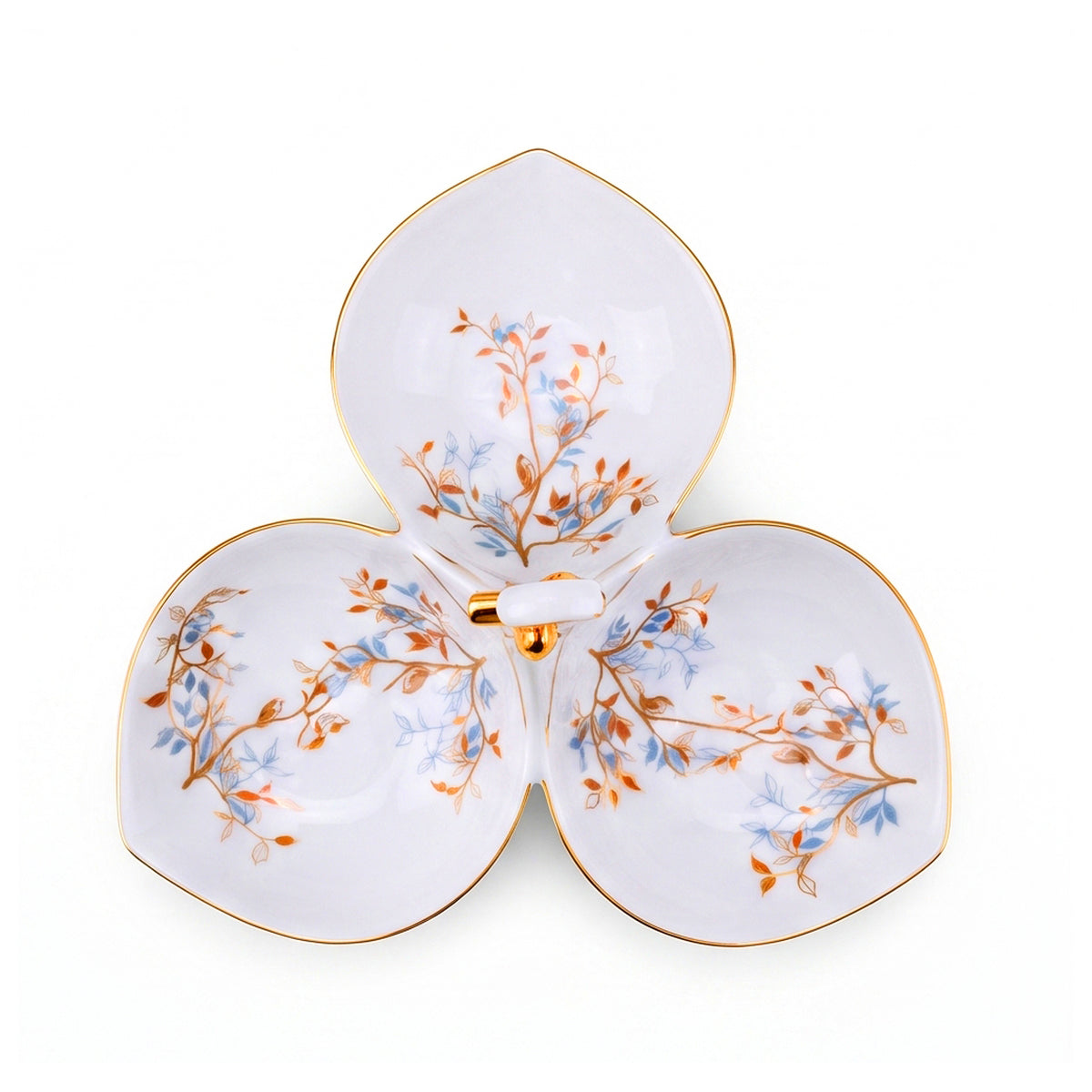 Angela Ceramic Serving Dish With Handle | Gold Leaf Design | 3-Portion