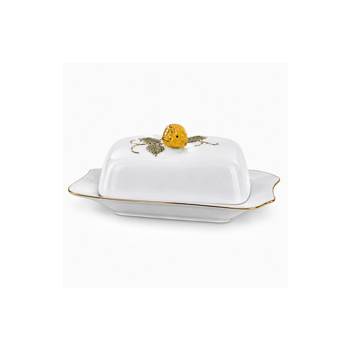 Angela Ceramic Rectangular Serving Pot With Lid | Gold Strawberry Design | 8.5 x 5.5 Inch