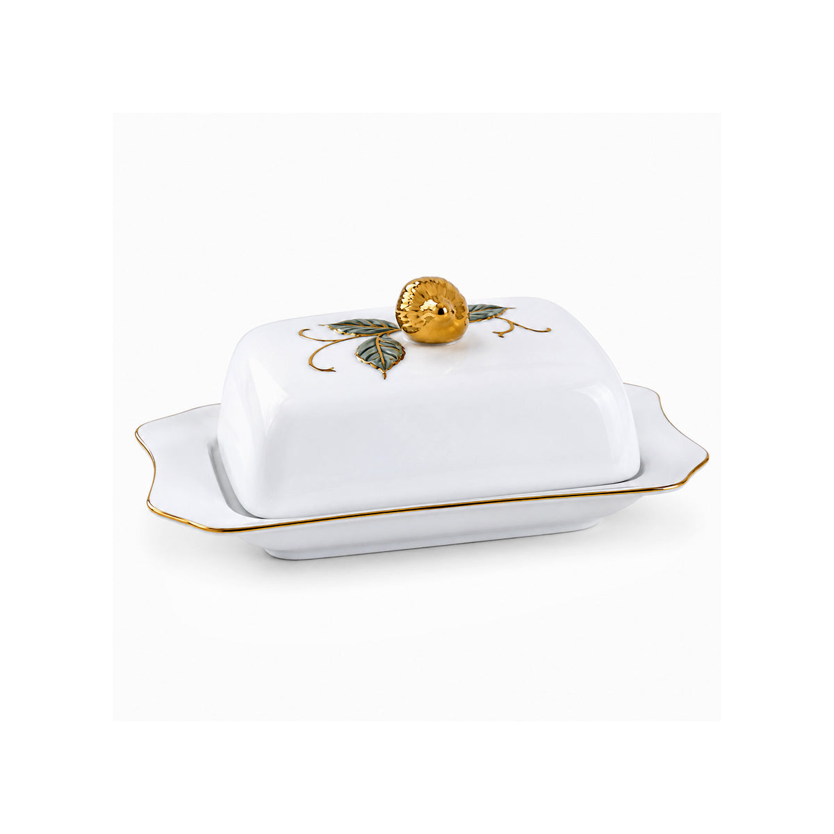 Angela Ceramic Rectangular Serving Pot With Lid | Gold Strawberry Design | 8.5 x 5.5 Inch