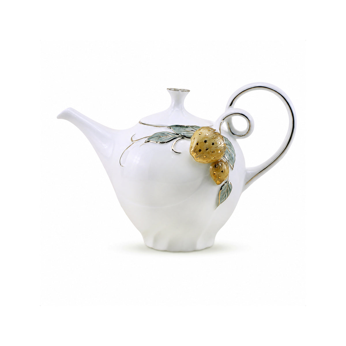 Angela Ceramic Tea Pot | White & Gold Strawberry Design | 1.2 Litre