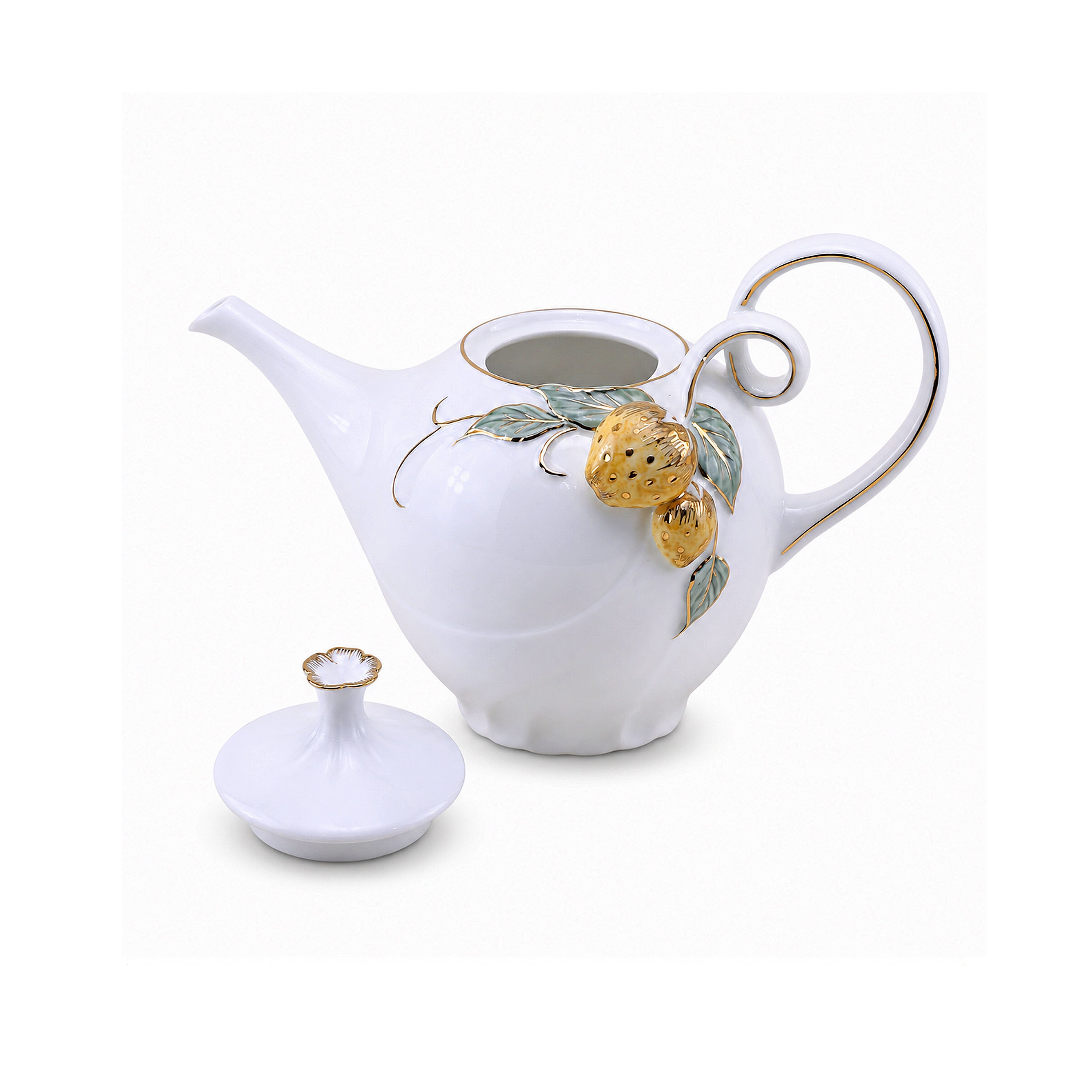 Angela Ceramic Tea Pot | White & Gold Strawberry Design | 1.2 Litre