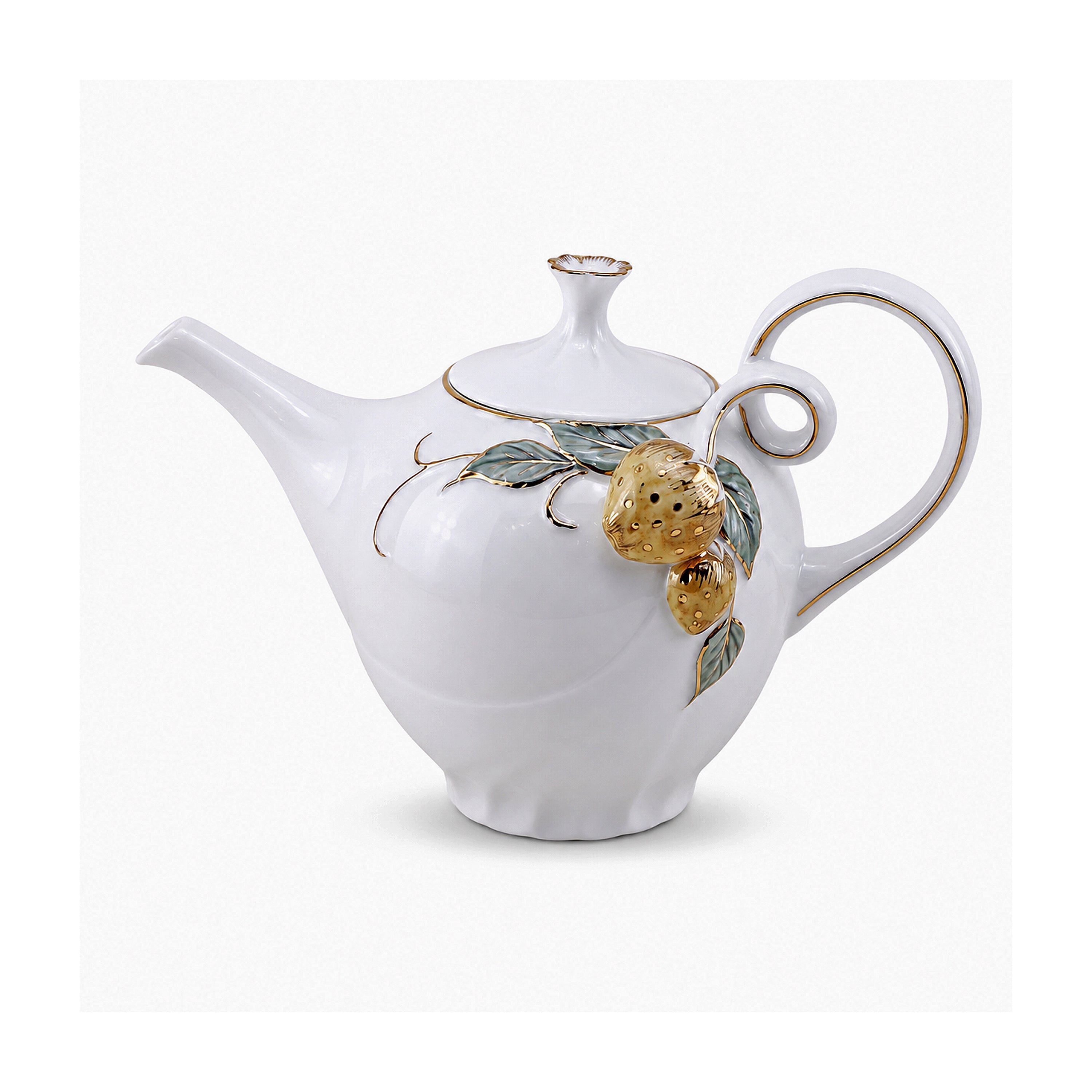 Angela Ceramic Tea Pot | White & Gold Strawberry Design | 1.2 Litre