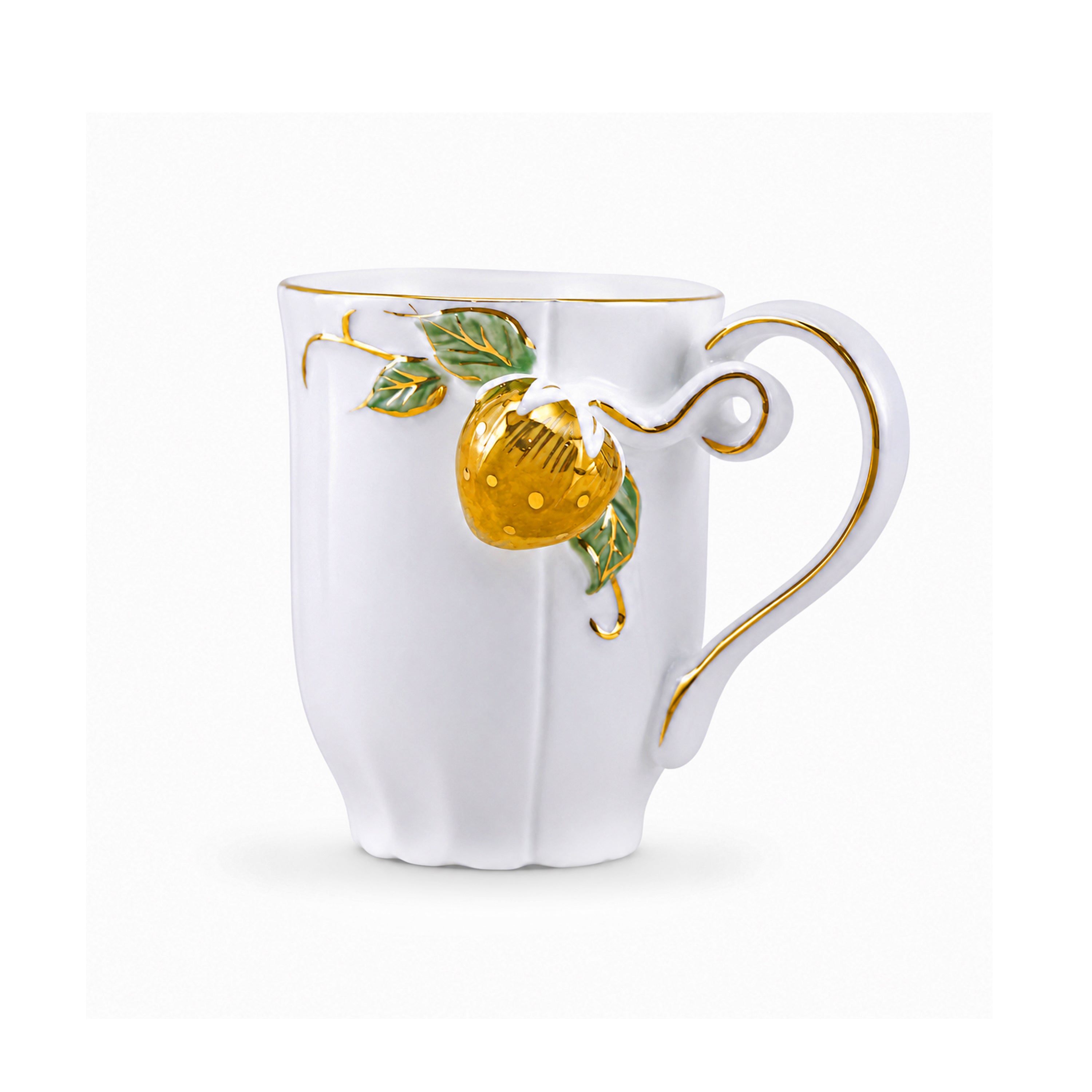 Angela Ceramic Twin Mug Set With Gift Box | White & Gold Strawberry Design | 300 ML