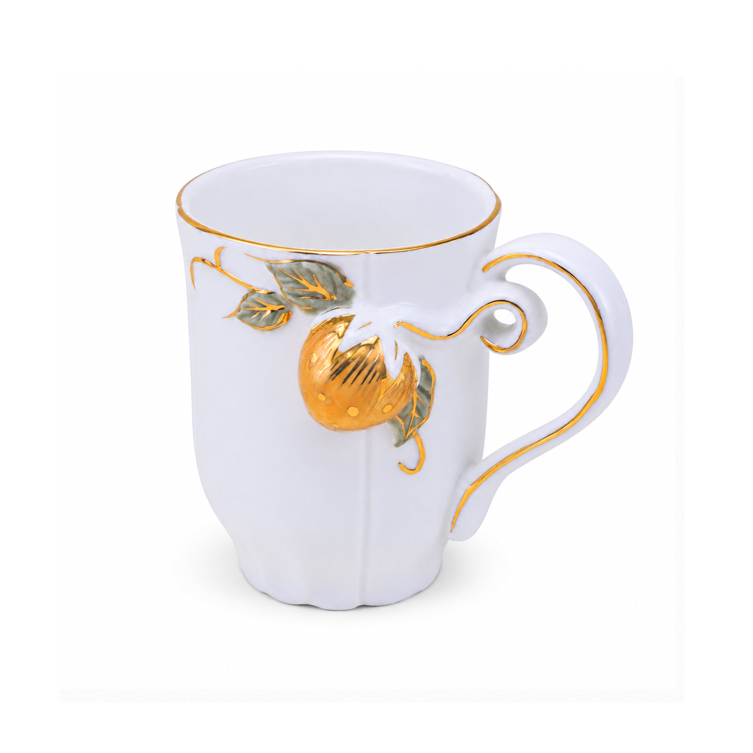 Angela Ceramic Twin Mug Set With Gift Box | White & Gold Strawberry Design | 300 ML