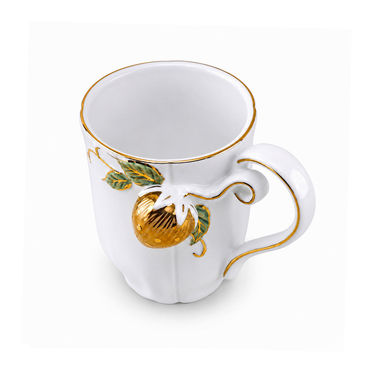 Angela Ceramic Twin Mug Set With Gift Box | White & Gold Strawberry Design | 300 ML